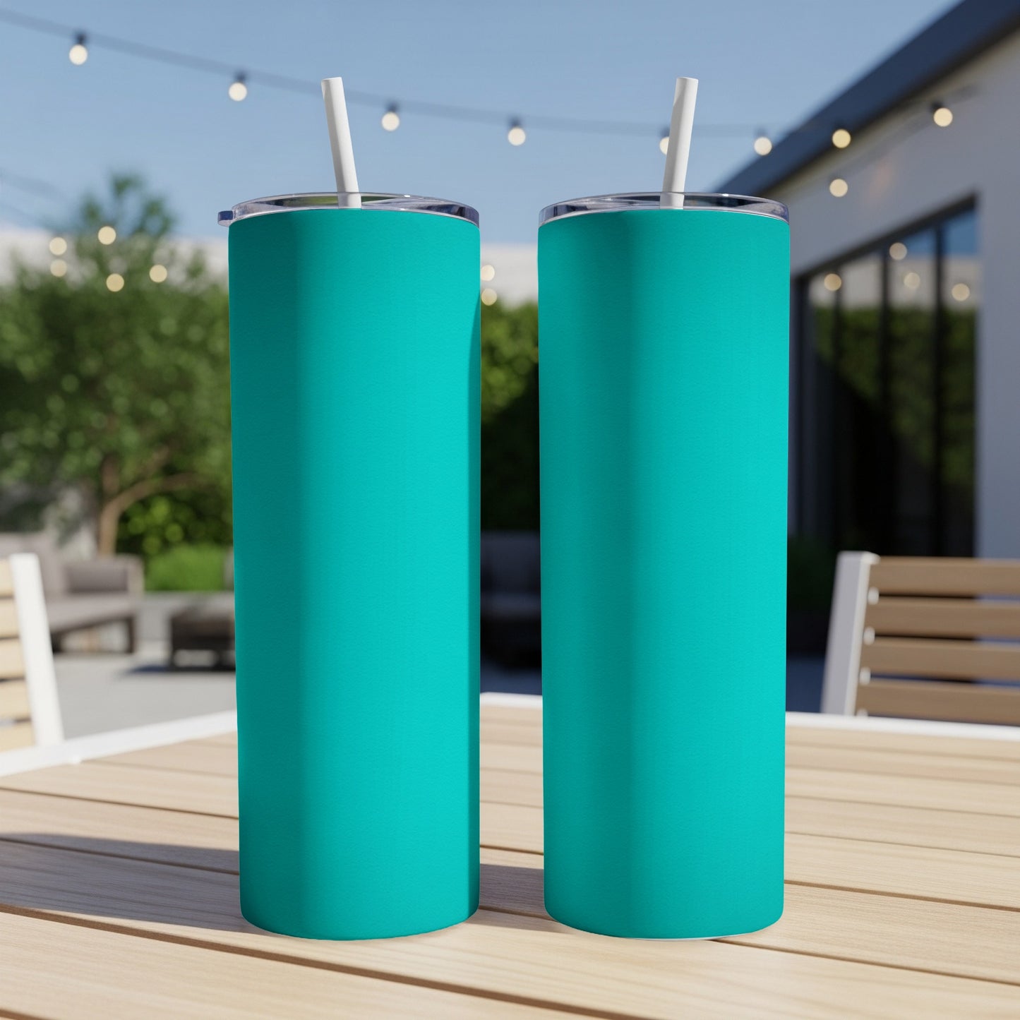 Two teal tumblers with white straws sit on a wooden table outdoors.