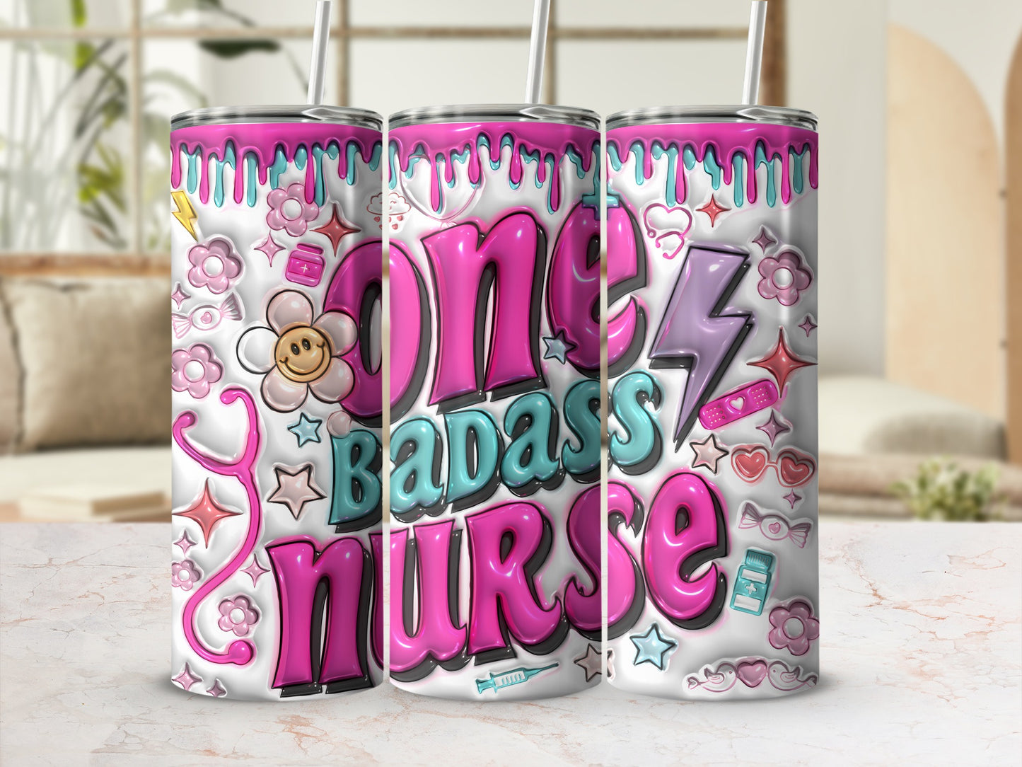Pink and blue "One Badass Nurse" text with cartoon nurse graphics on a tumbler.