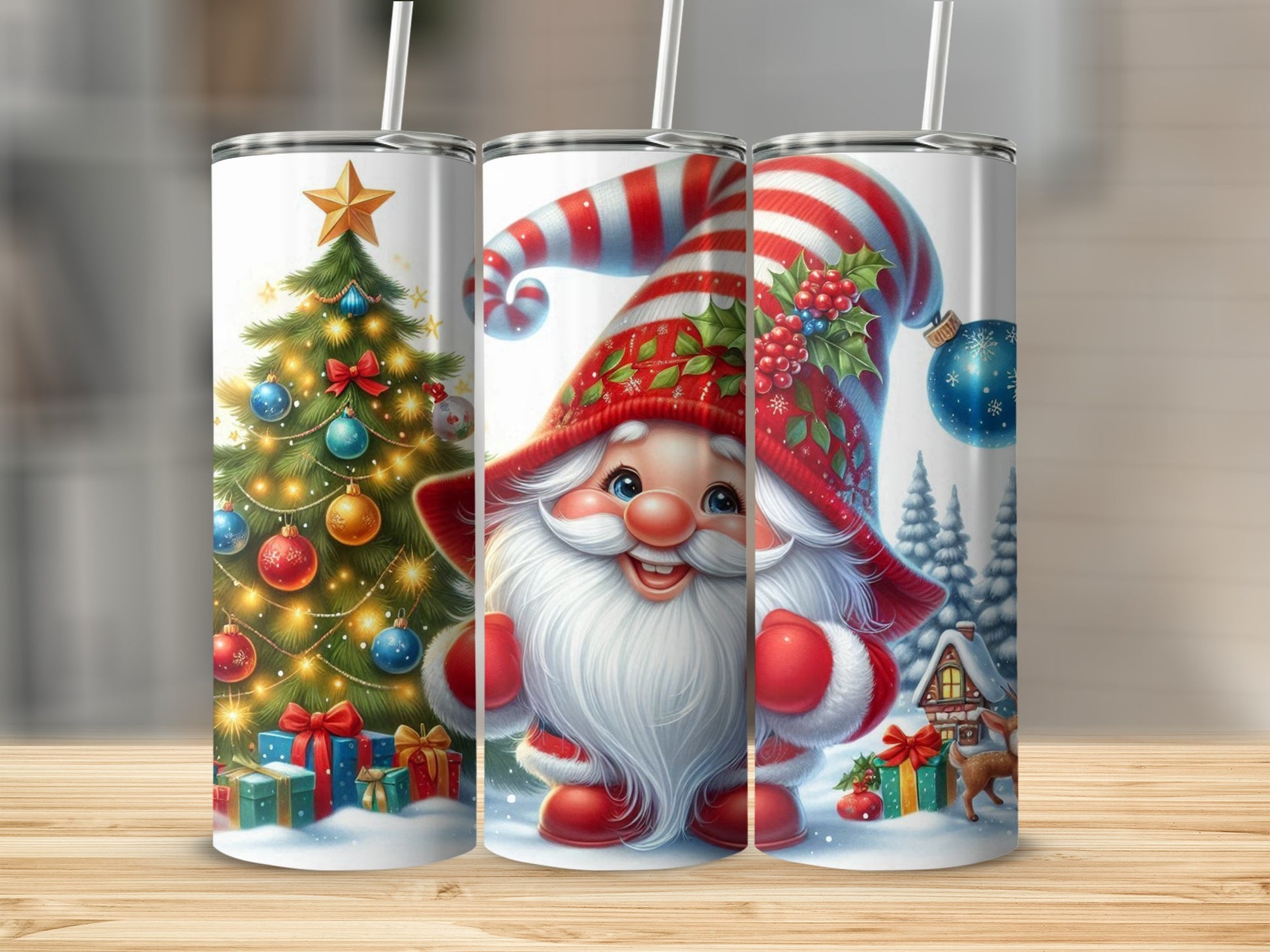 Christmas gnome in festive hat and beard with gifts and decorated tree.