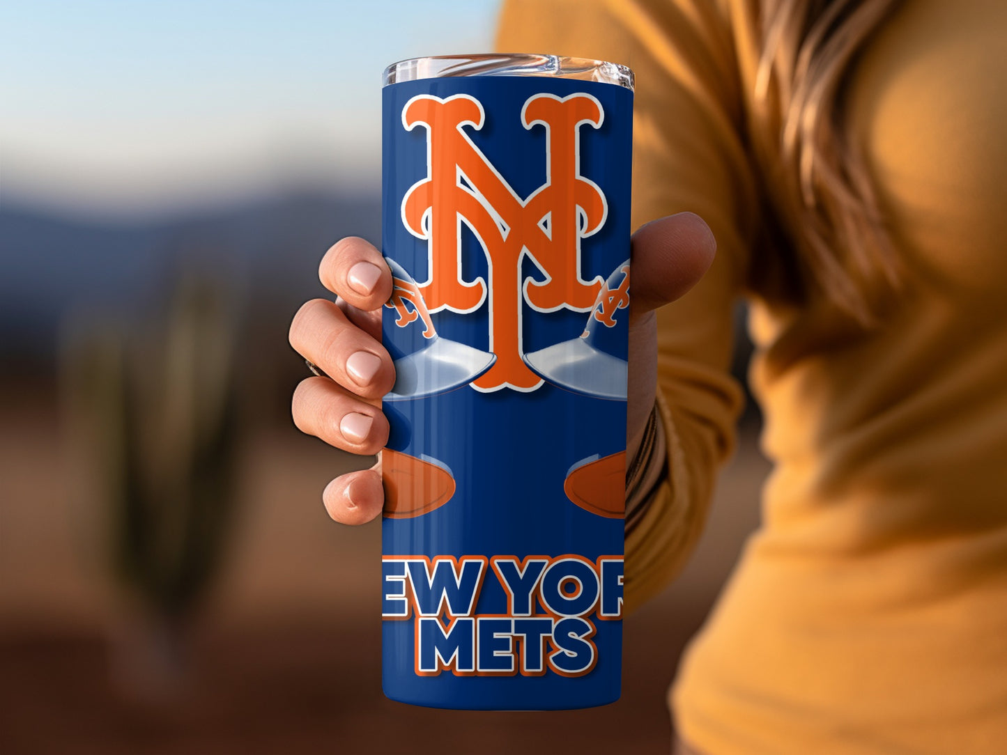 New York Mets Helmets Graphic on Blue Background Tumblers