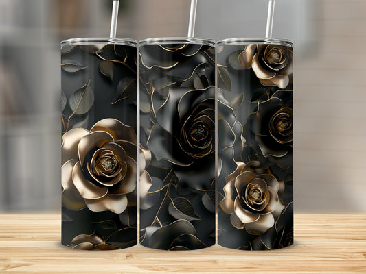 Three dark tumblers with golden floral rose designs.