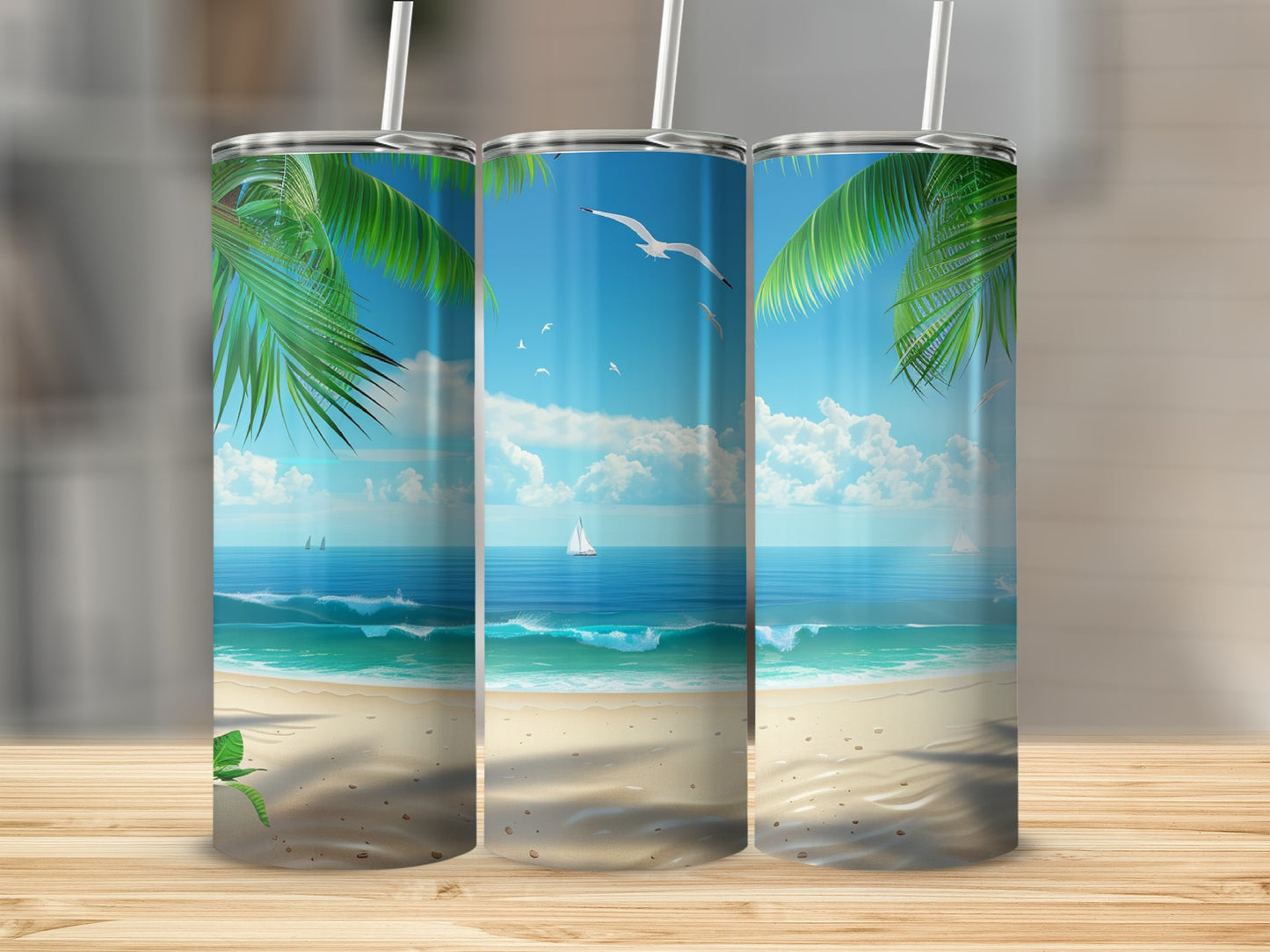 Beach scene with palm trees, ocean, sailboat, and white seagulls.