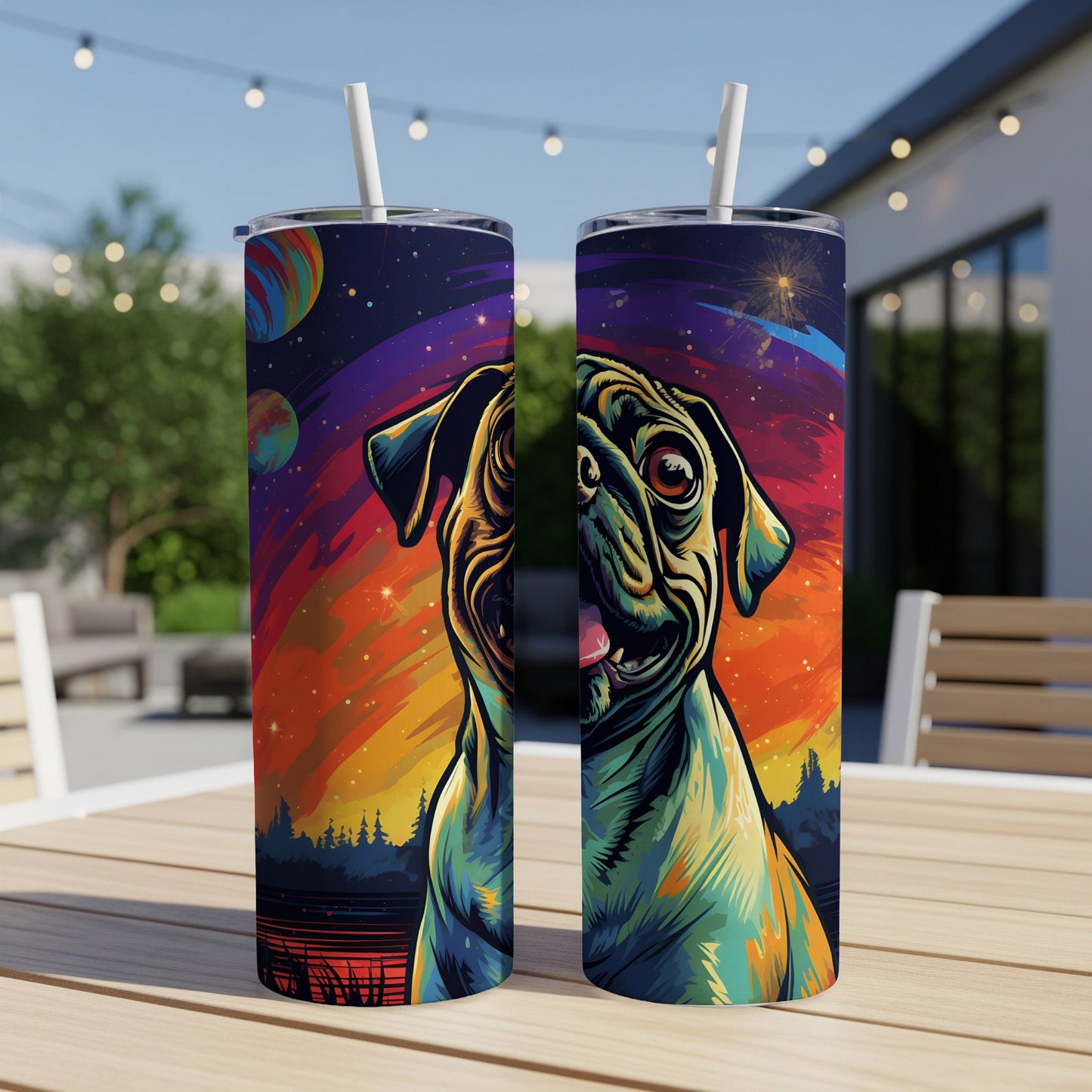 Two tumblers with colorful pug face and space scene designs.