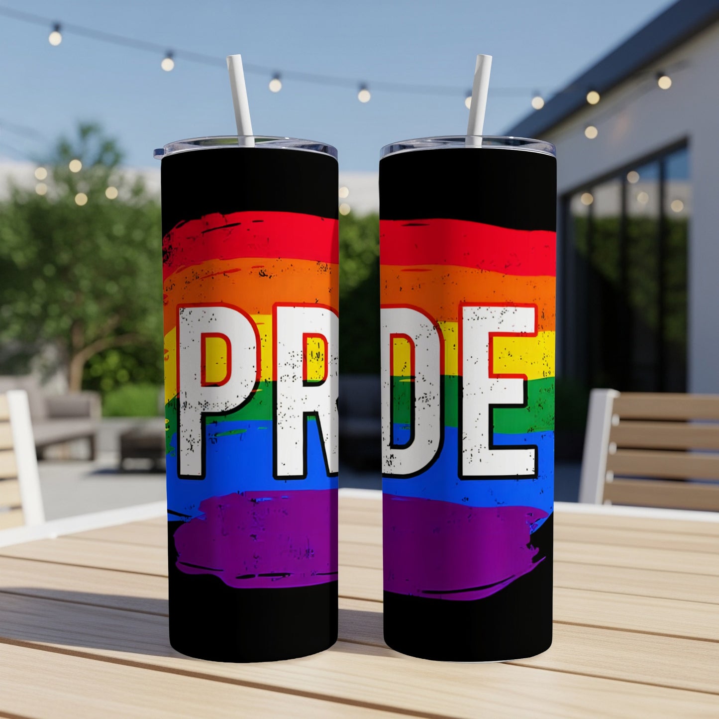 Two tumblers with "Pride" in rainbow colors on a black background.