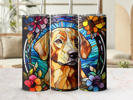 Three stained glass tumblers featuring a dog's face surrounded by colorful flowers.