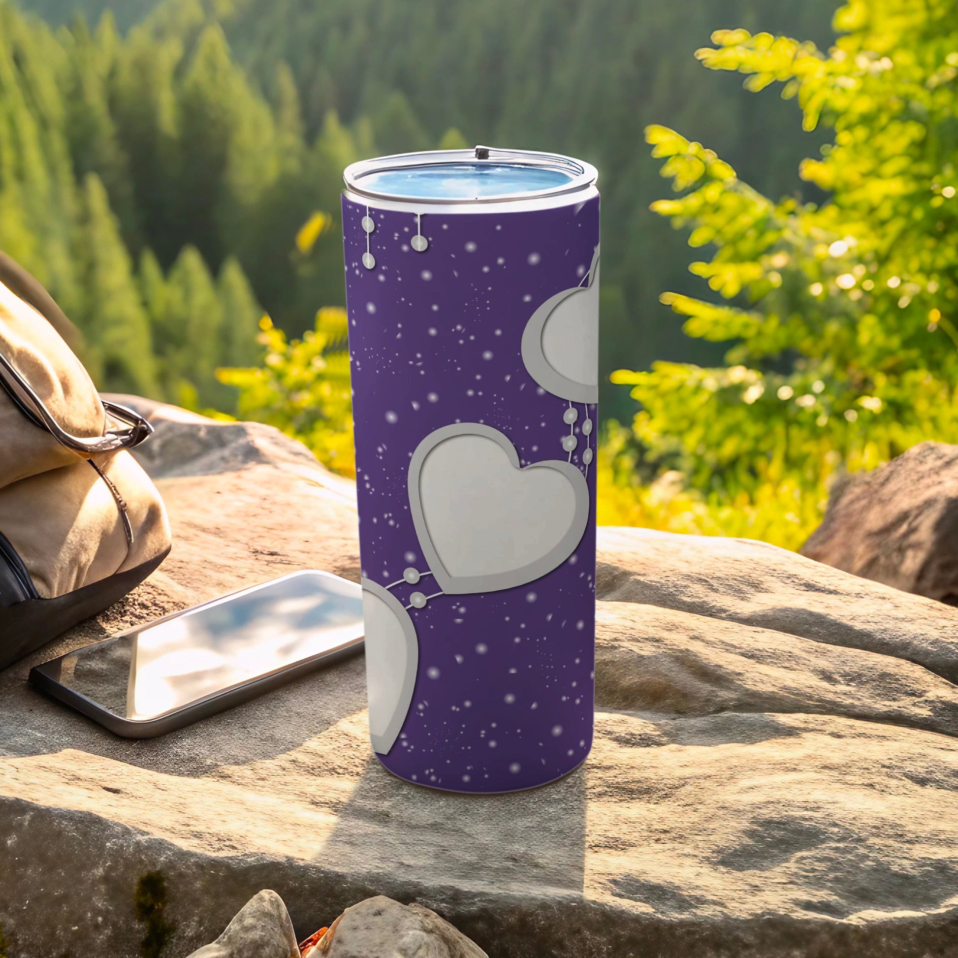 Purple Tumbler with White Hearts and Starry Background