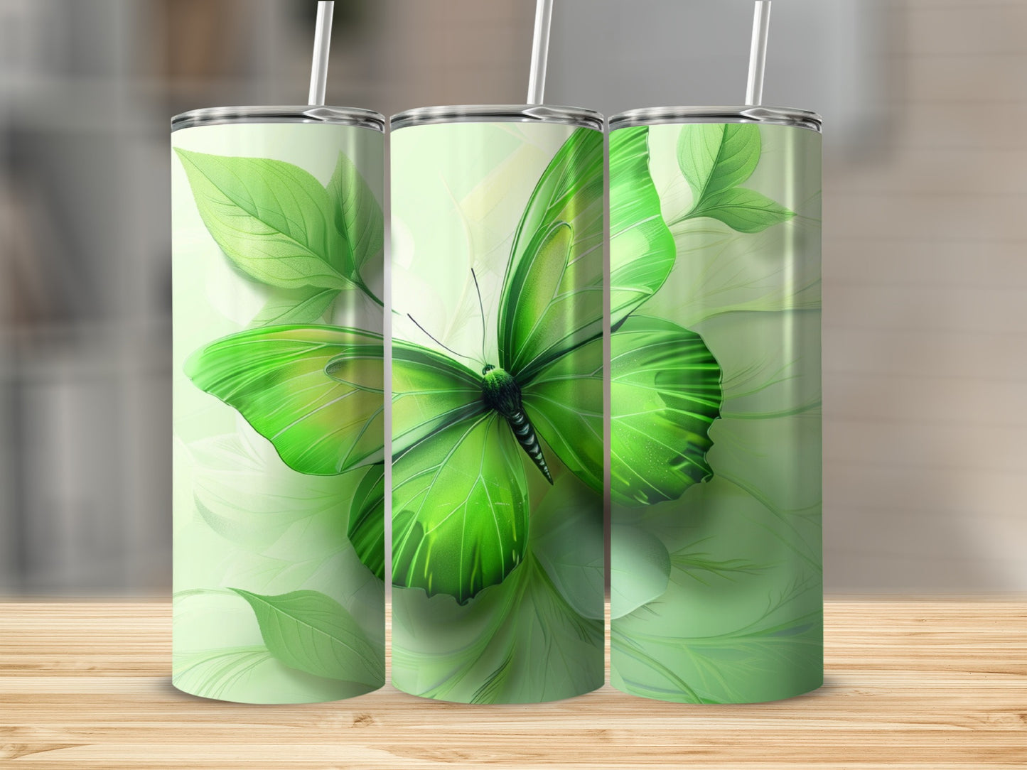 Green butterfly on a light green background with leaves.