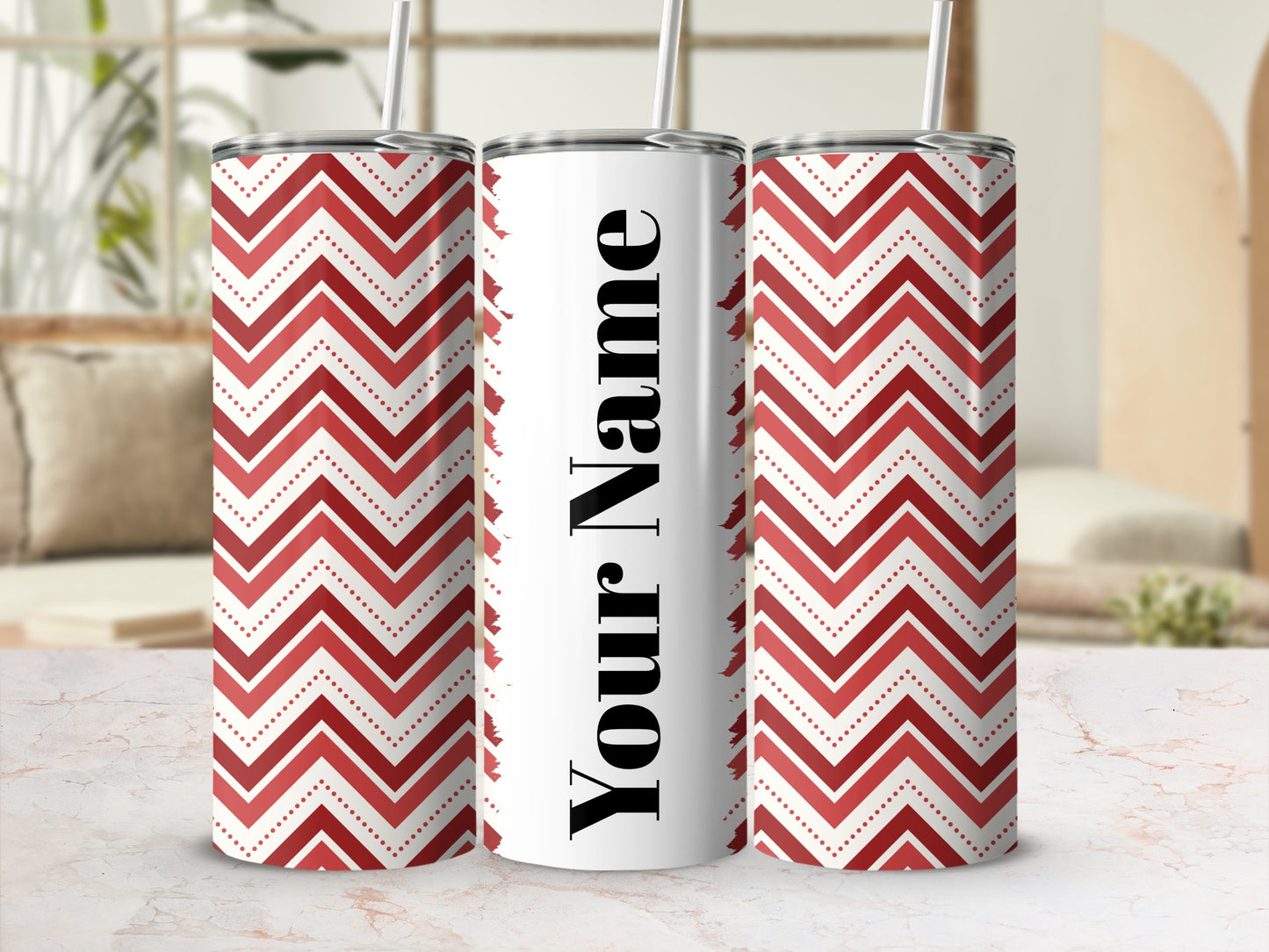 Personalized Red Chevron Design Tumbler with Straw
