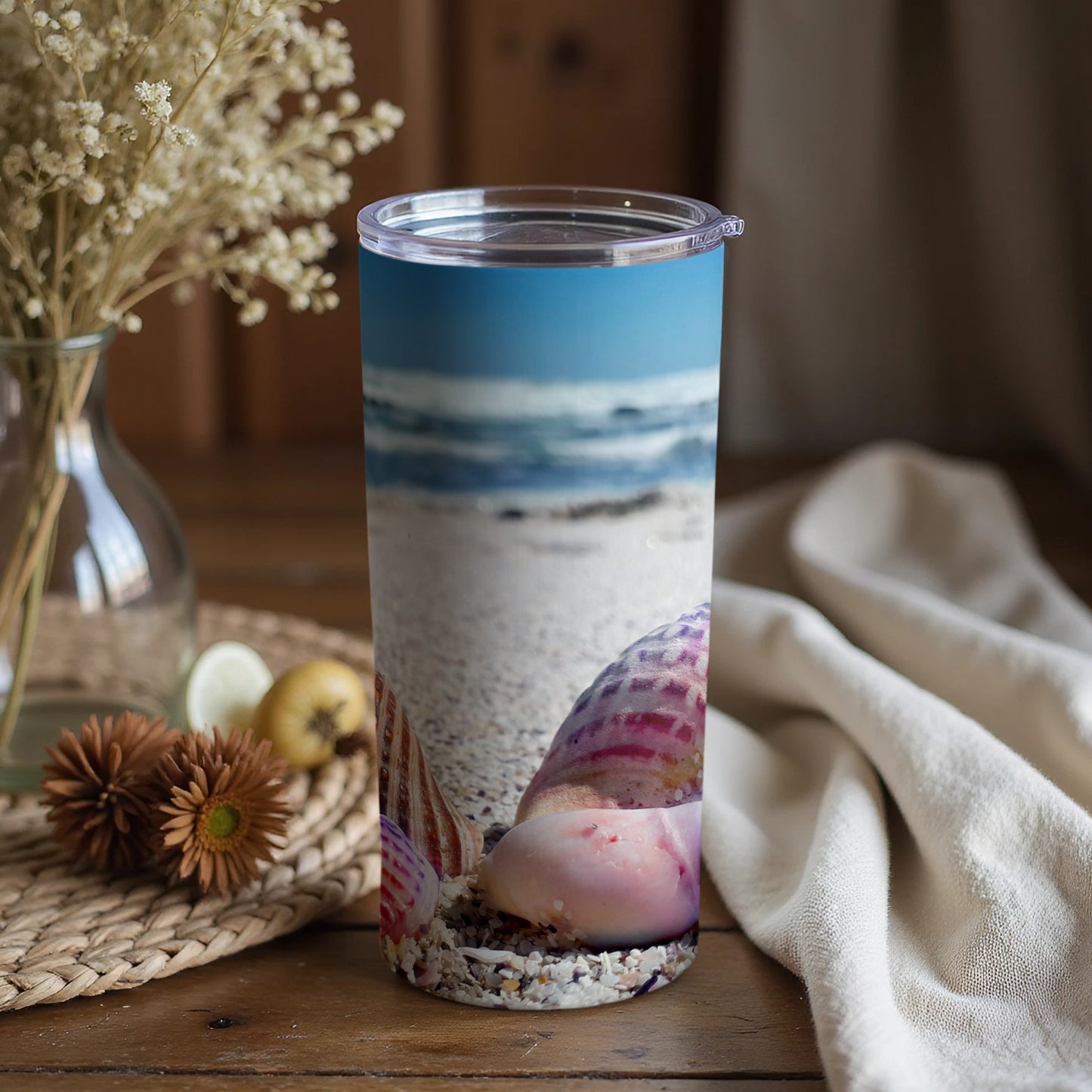 Scenic Ocean View Tumbler with Shells Design