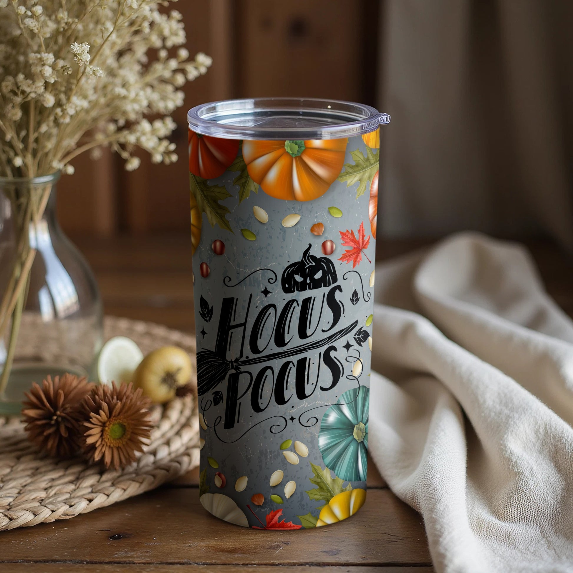 Hocus Pocus Themed Pumpkin and Leaf Design Tumbler