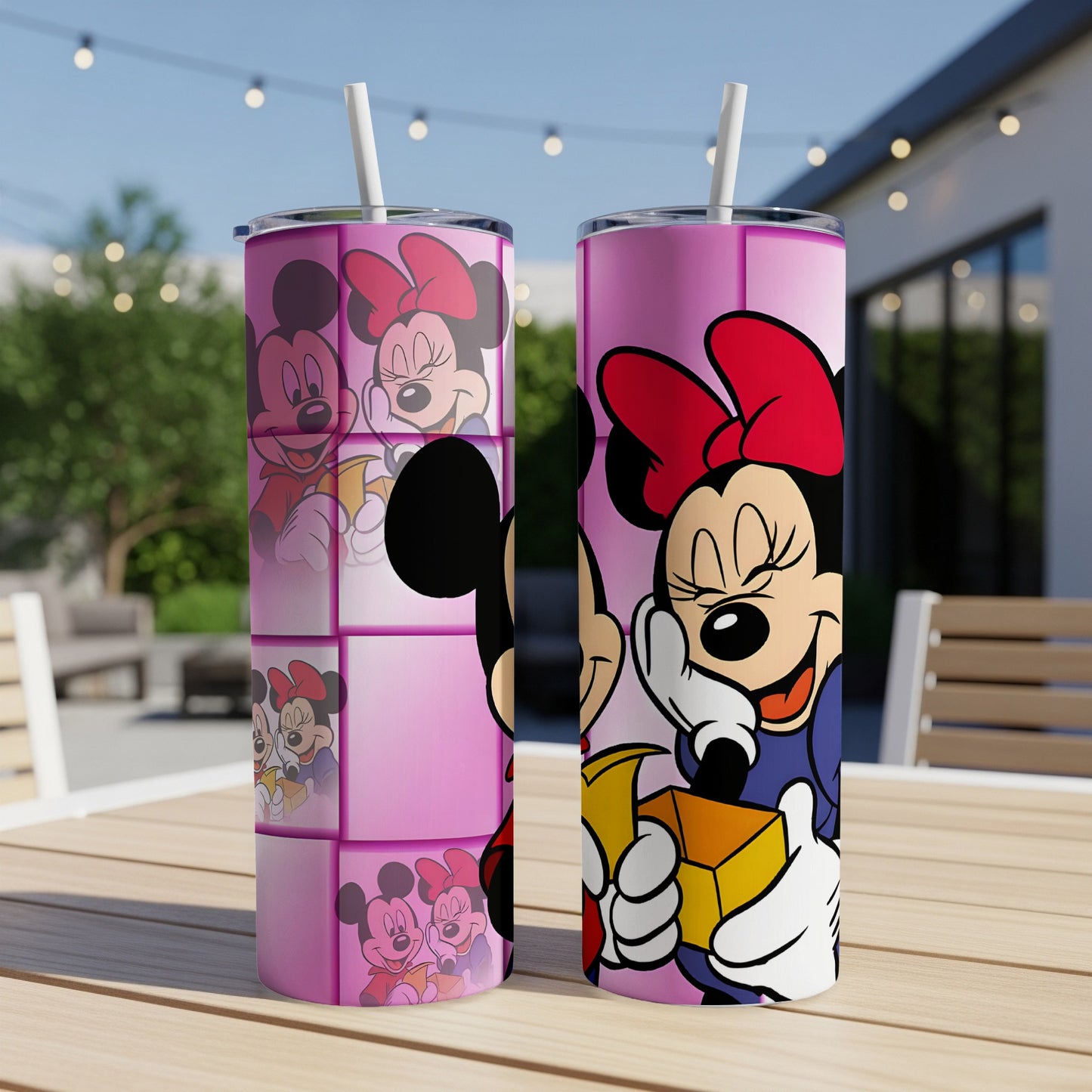 Two pink tumblers with Minnie Mouse design, one showing a tile mosaic.