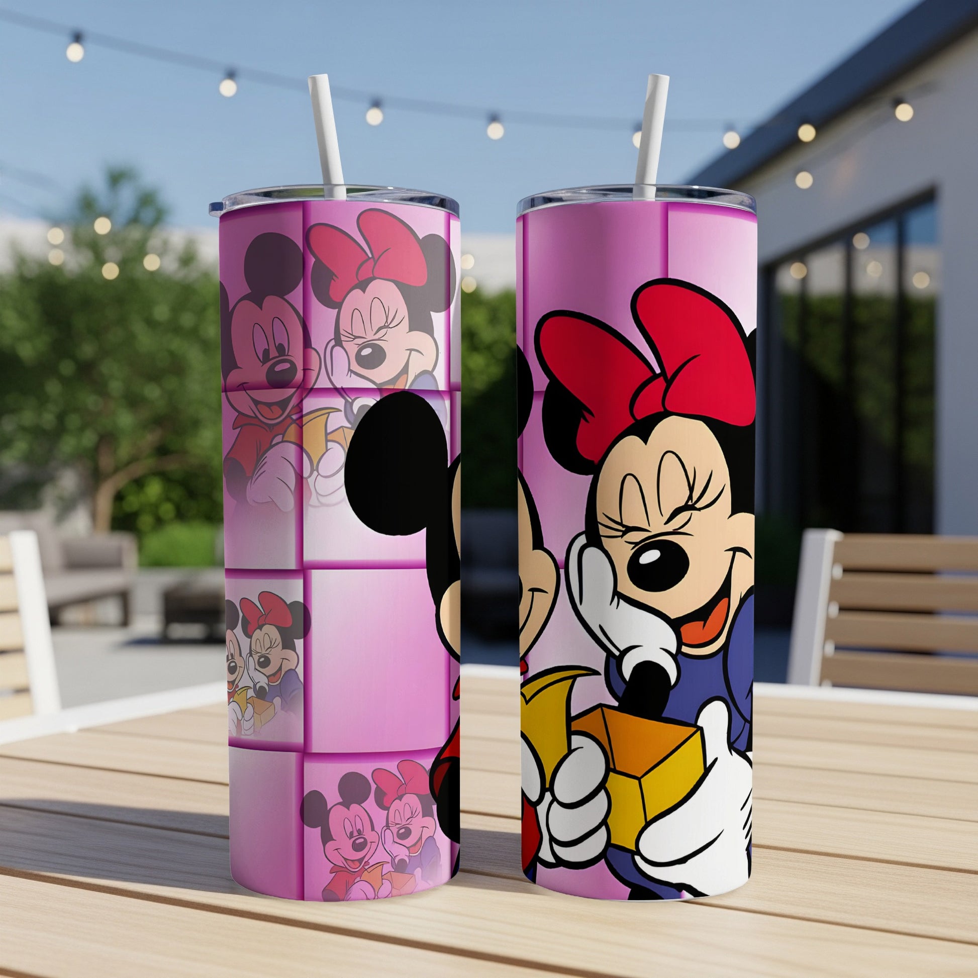Two pink tumblers with Minnie Mouse design, one showing a tile mosaic.