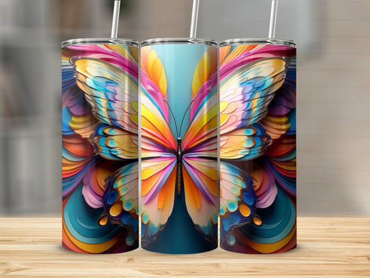 Colorful butterfly design on three tumblers with straws.
