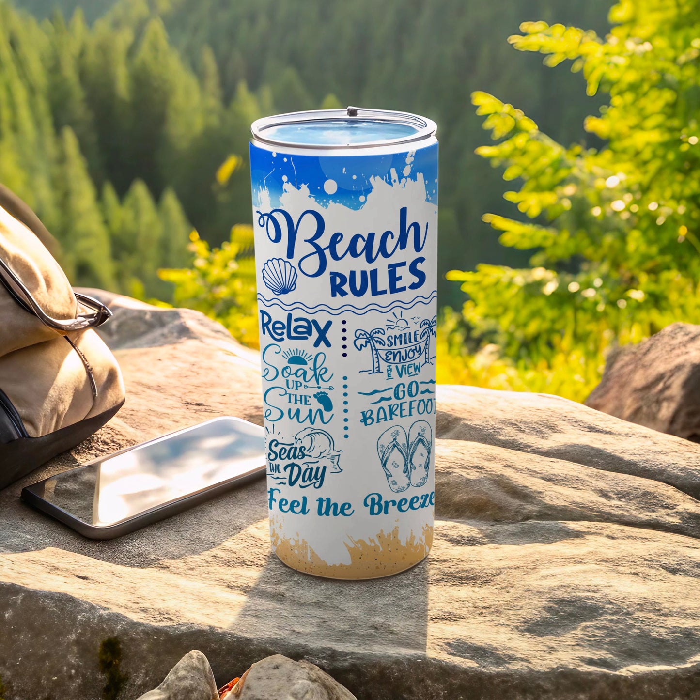 White tumbler with "Beach Rules" text and beach-themed graphics.