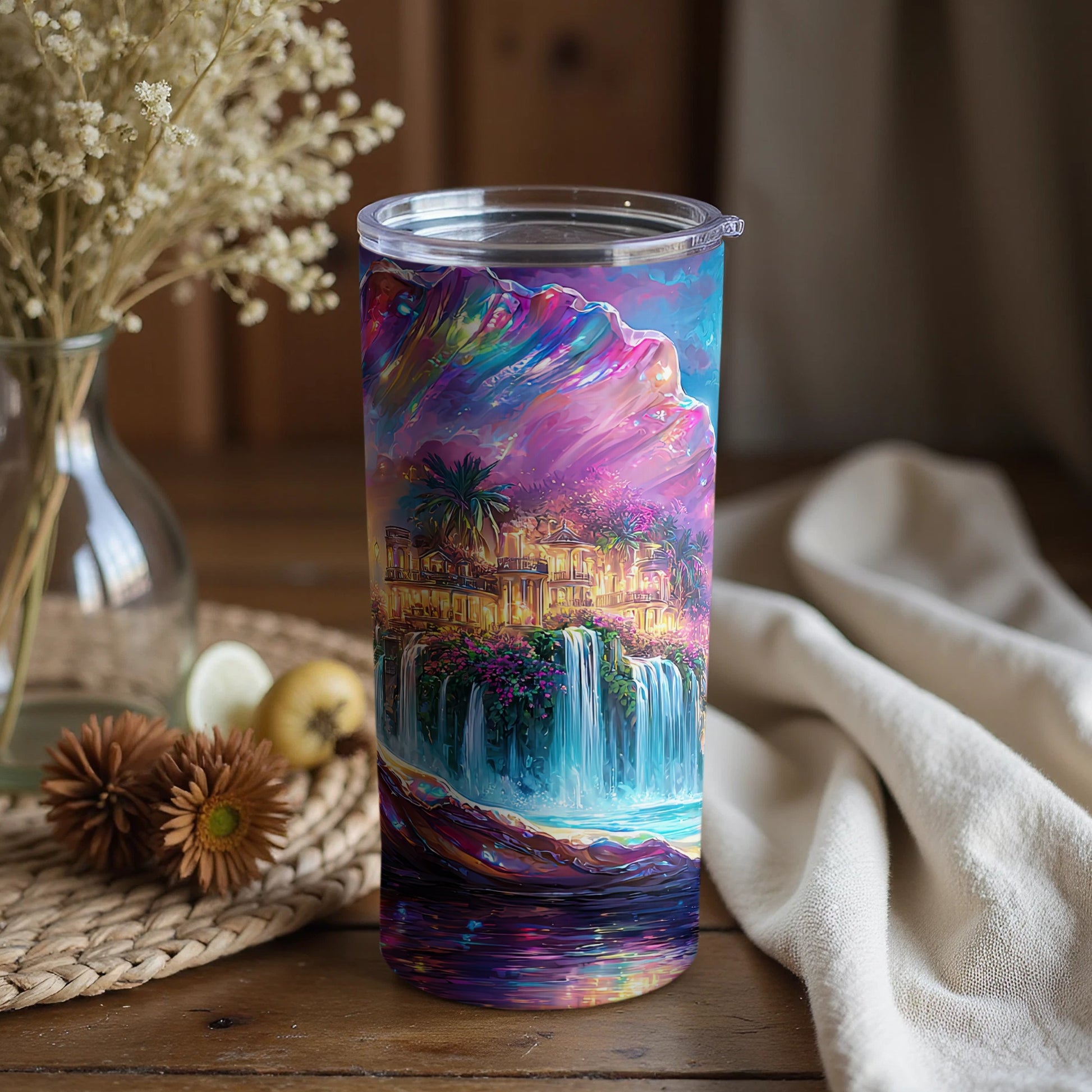 Vibrant Artistic Travel Tumbler Featuring Scenic Waterfall
