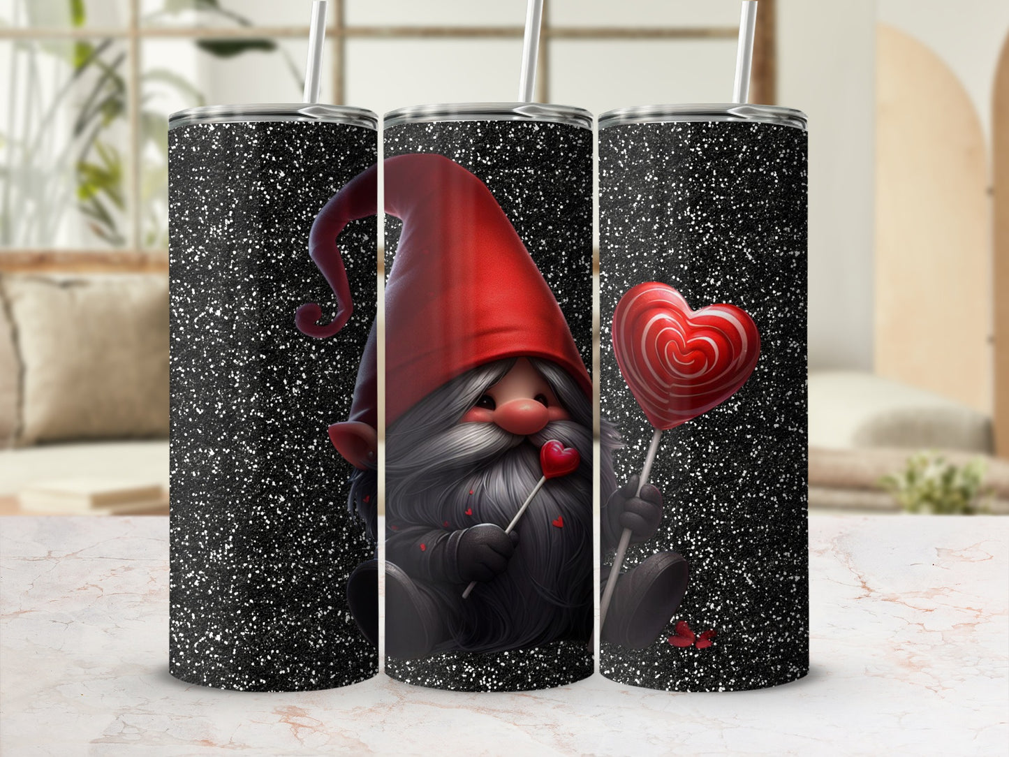 Valentine Gnome Holding Heart Patterned Tumbler Cups