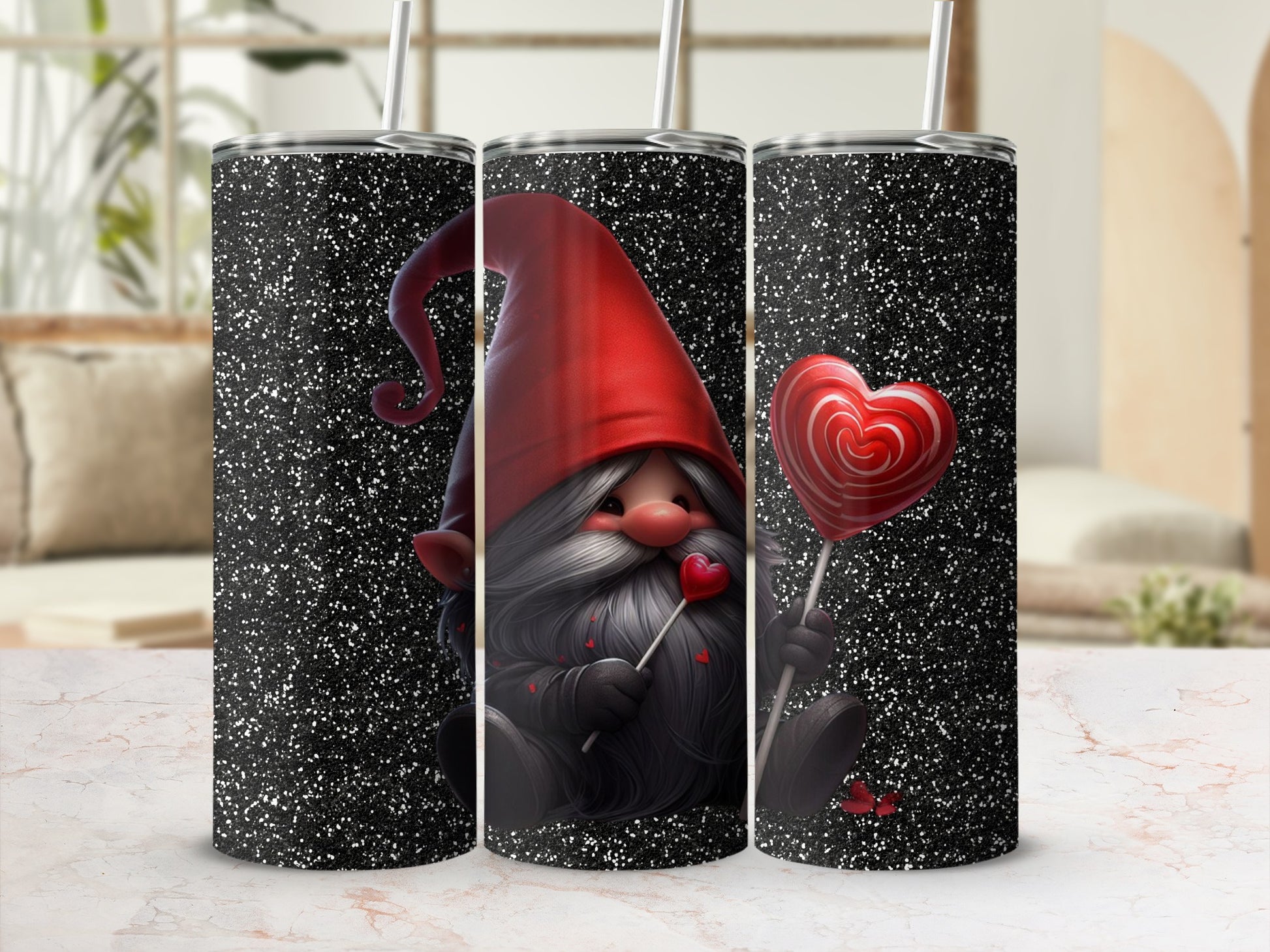 Valentine Gnome Holding Heart Patterned Tumbler Cups