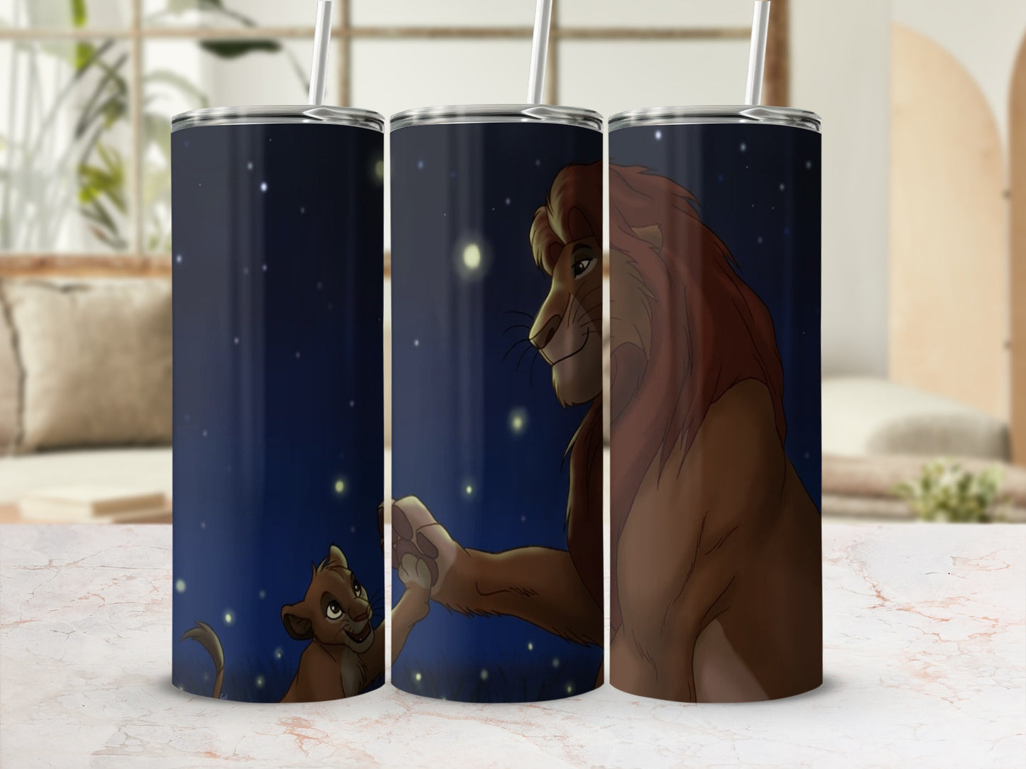 The Lion King characters Simba and Mufasa under a starry night sky.