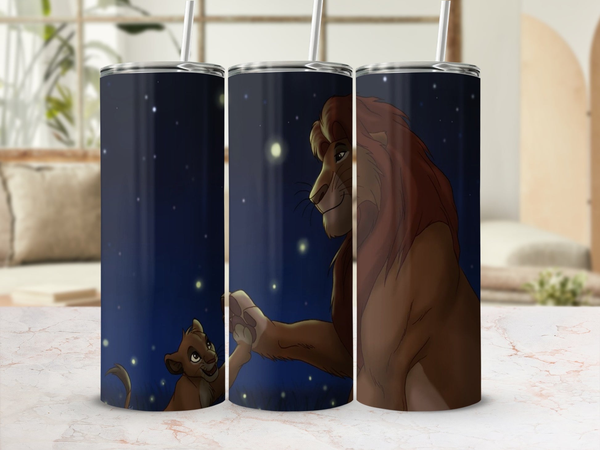 The Lion King characters Simba and Mufasa under a starry night sky.