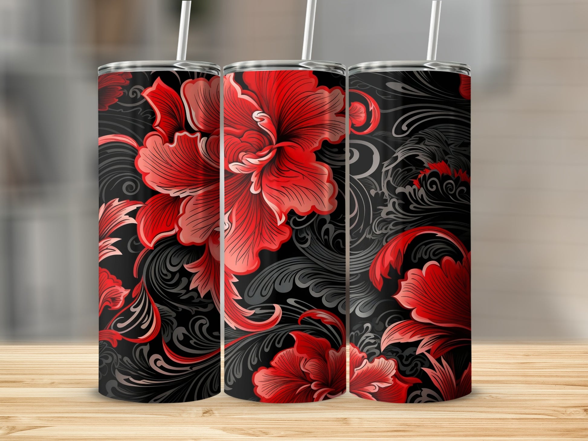 Elegant Red and Black Floral Insulated Tumbler