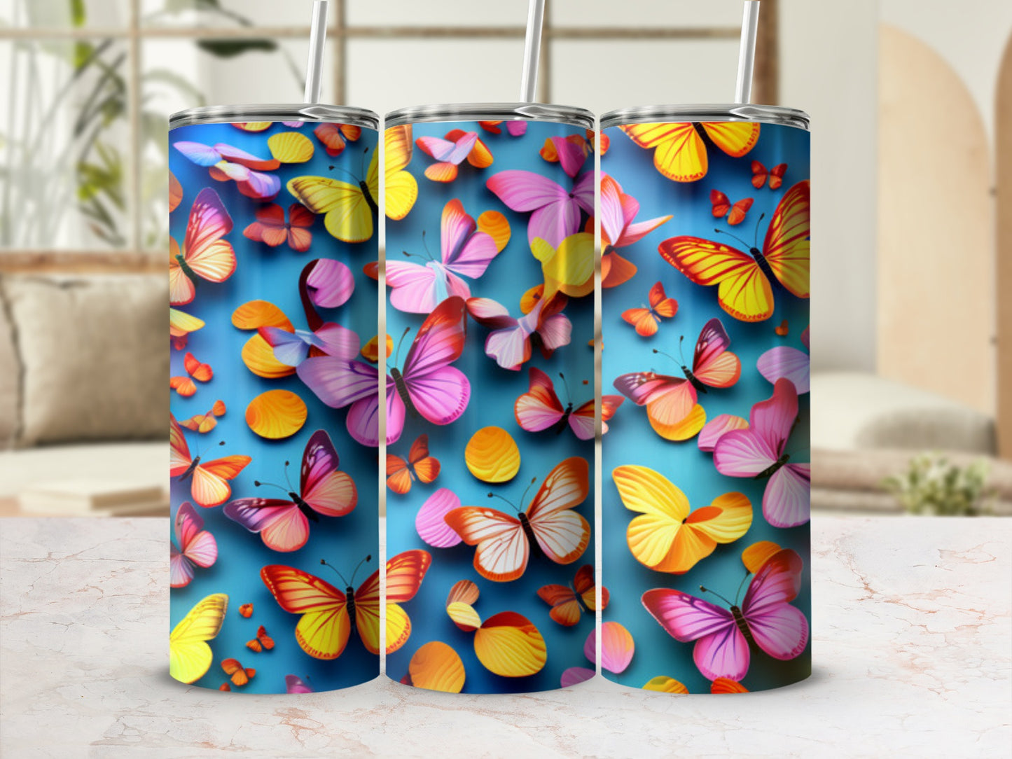 Blue tumbler with a repeating pattern of colorful butterflies.