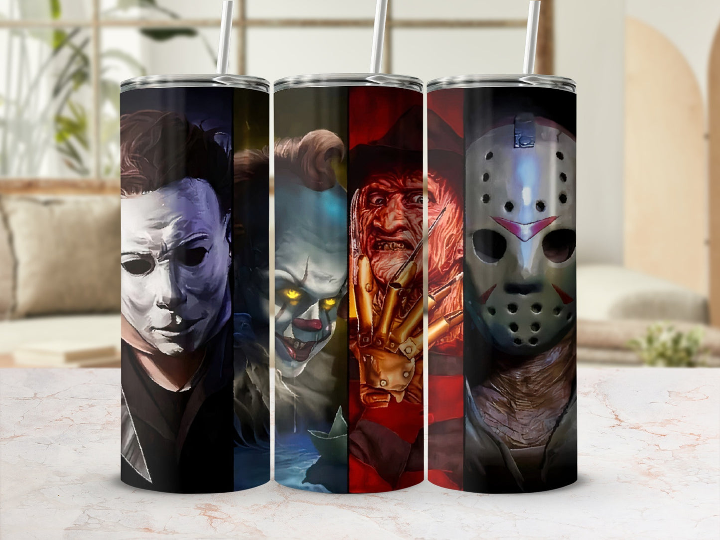 Tumbler with Michael Myers, Pennywise, Freddy Krueger, and Jason Voorhees.