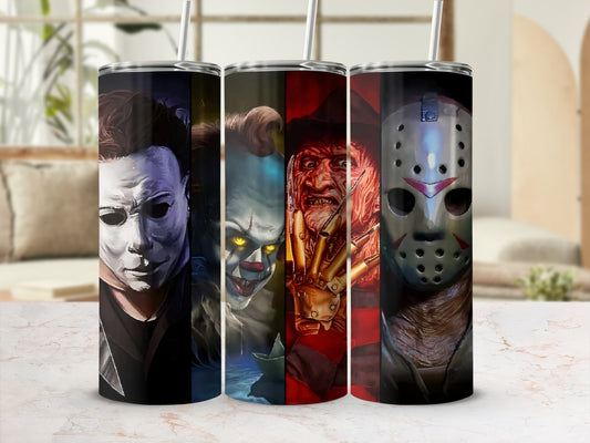 Tumbler with Michael Myers, Pennywise, Freddy Krueger, and Jason Voorhees.