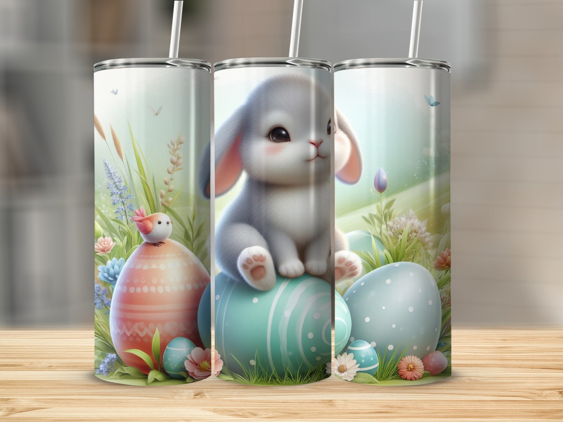Easter bunny and eggs on pastel backgrounds with straws.