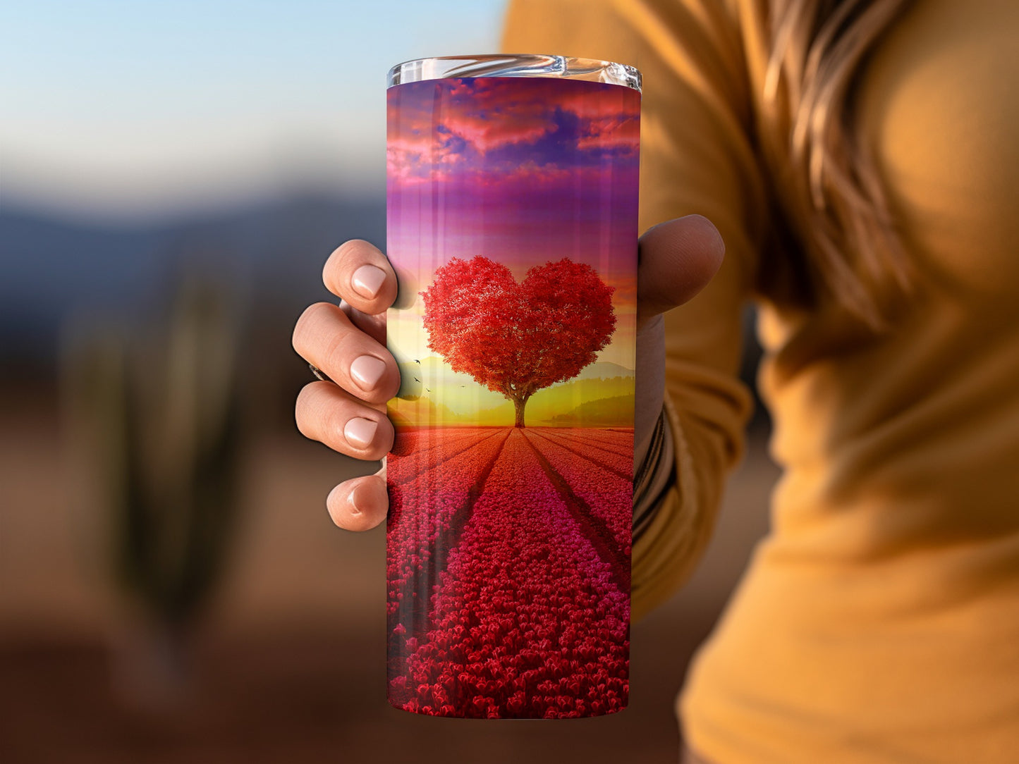 Heart Tree Over Flower Field Beautiful Sunset Landscape Tumblers