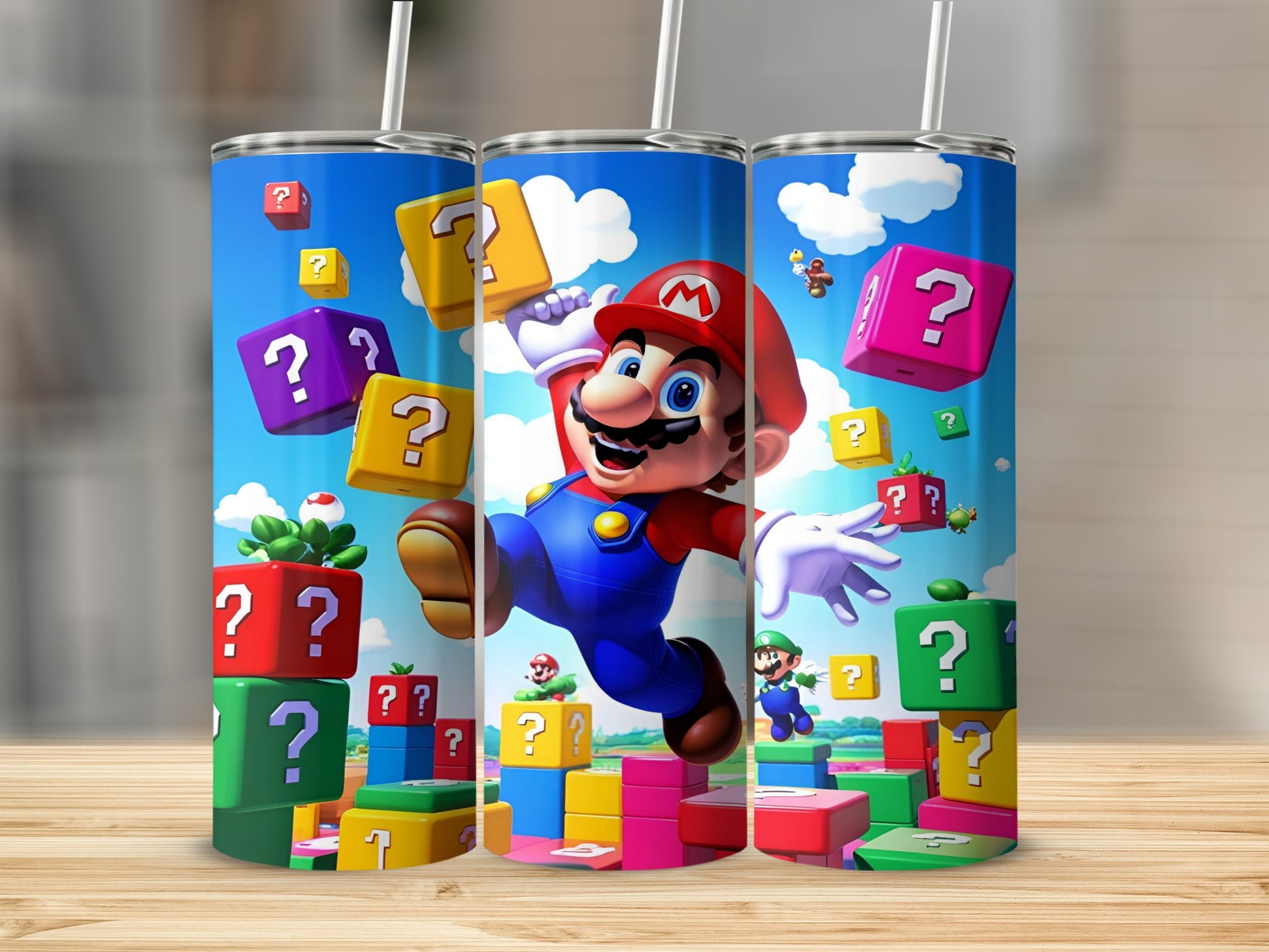 Mario jumping over colorful question blocks with Luigi in background.