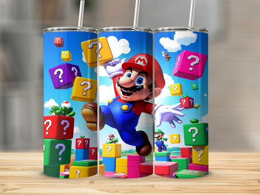 Mario jumping over colorful question blocks with Luigi in background.