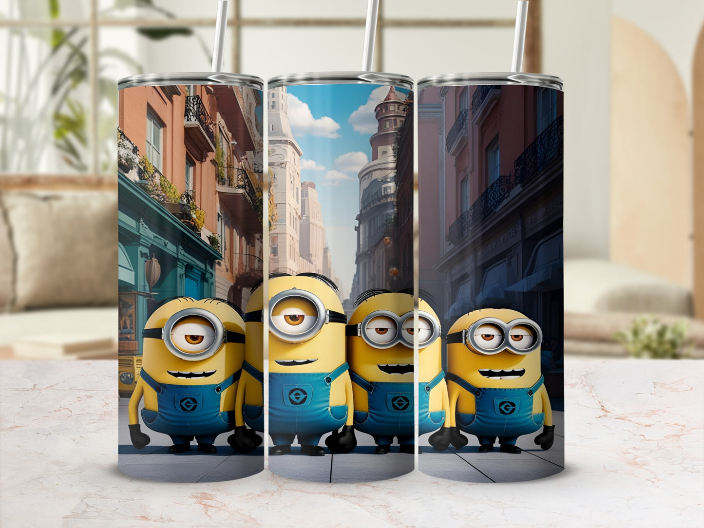 Four Minions stand in a row in front of a city street.