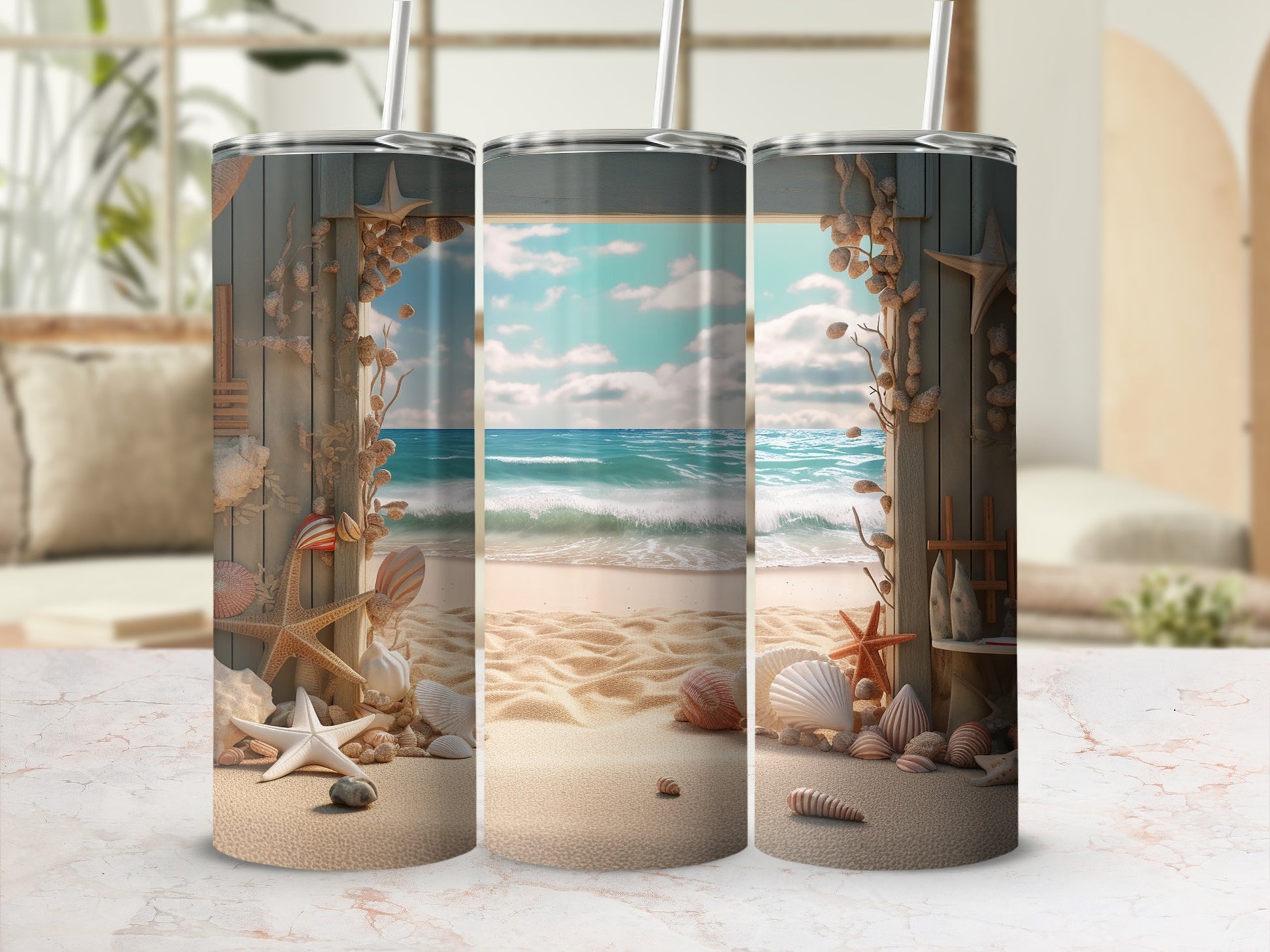 Beach scene with shells and starfish on a tumbler.
