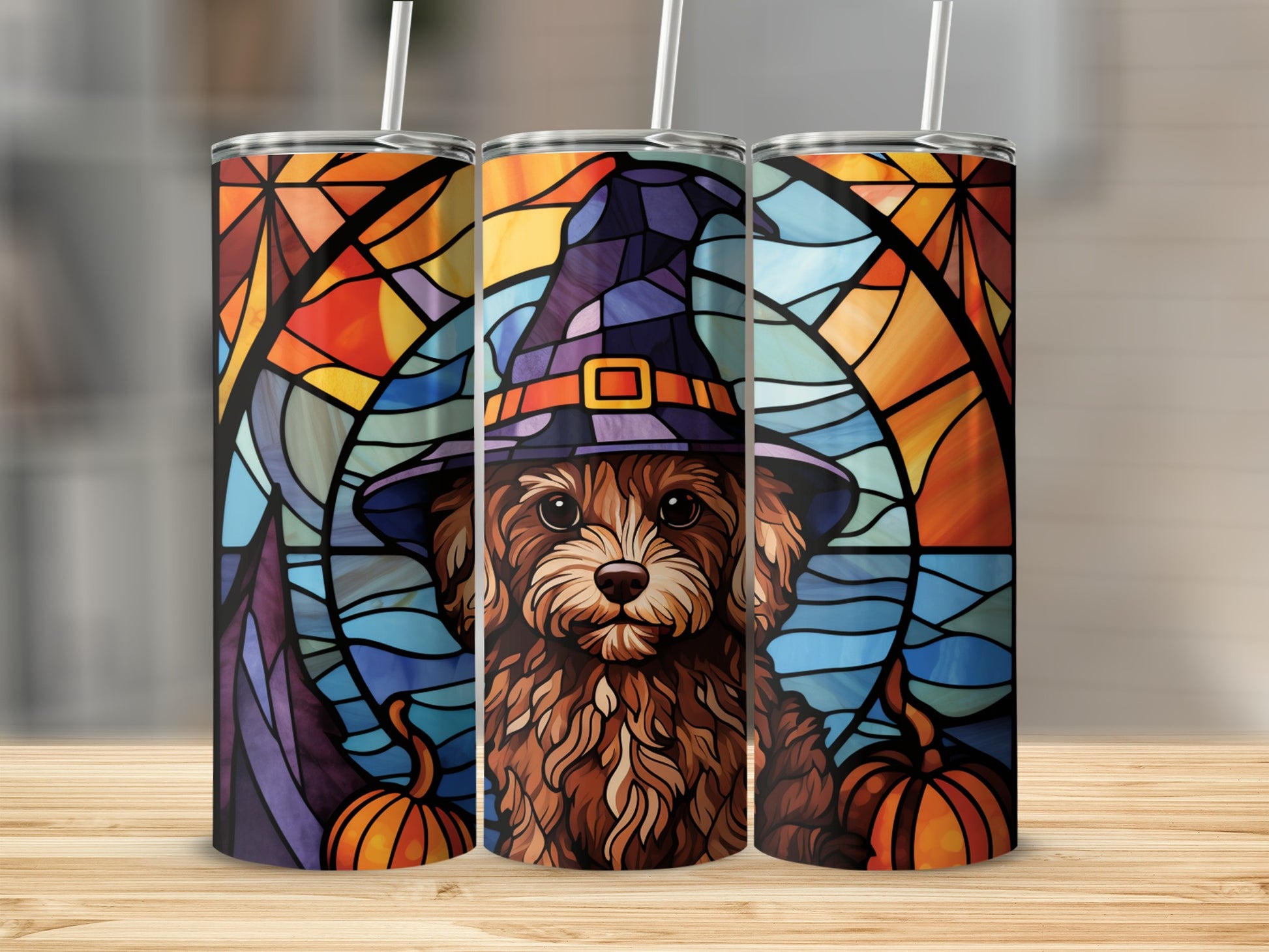 Stained glass style tumbler with witch hat dog and pumpkins.