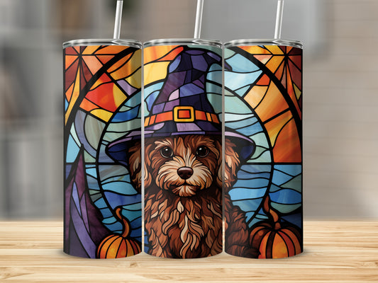 Stained glass style tumbler with witch hat dog and pumpkins.