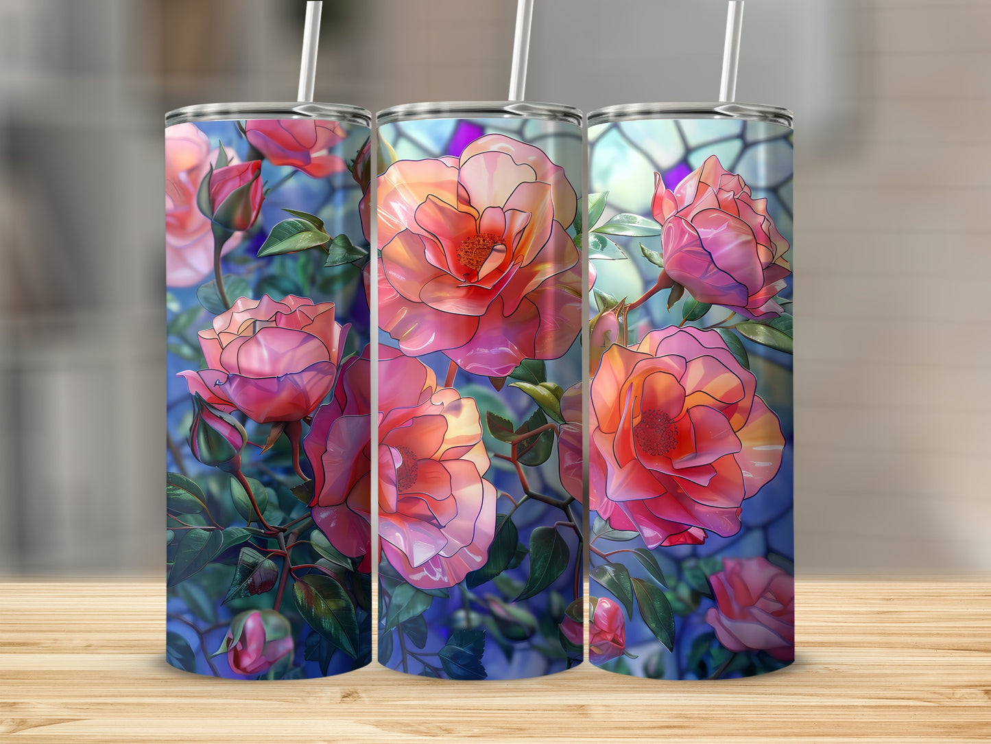 Three tumblers with pink and orange roses against a stained-glass background.