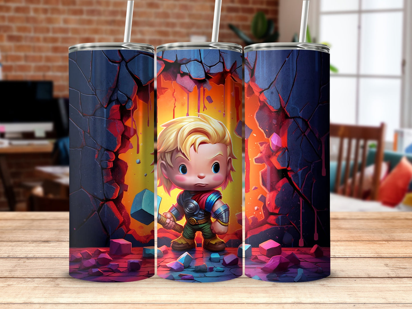 Heroic Character Tumbler Cracking Through the Wall