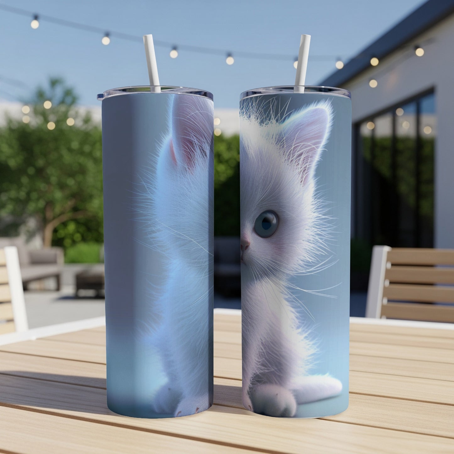 Two tumblers with a fluffy white kitten graphic on a table.