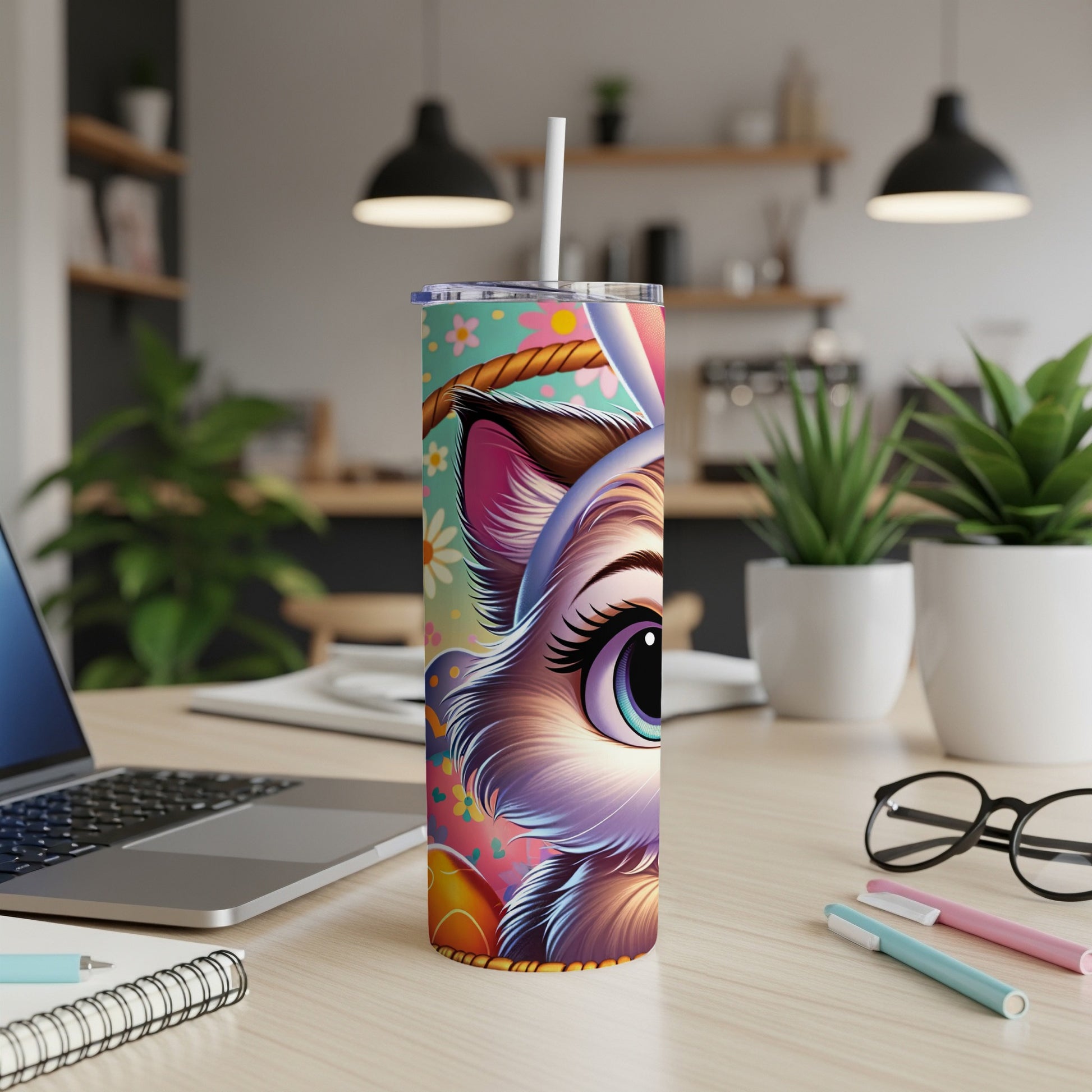 Colorful Easter bunny tumbler with straw on a desk.