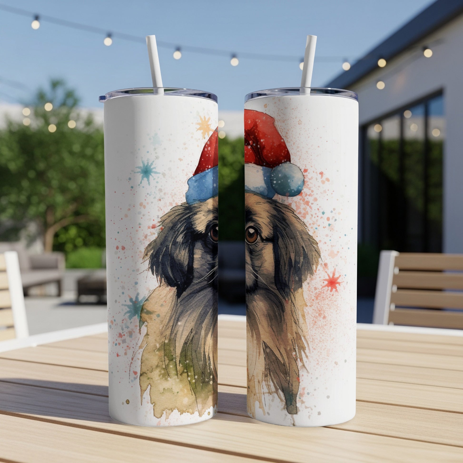Christmas dog wearing Santa hat on a watercolor tumbler.