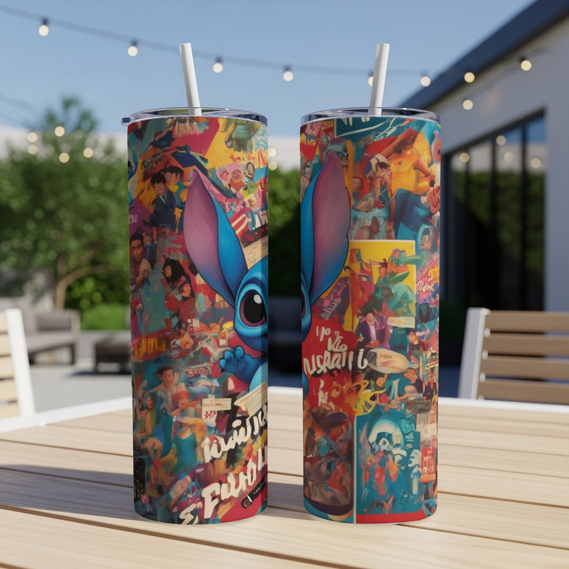 Two Stitch character tumblers with colorful collage backgrounds displayed outdoors.