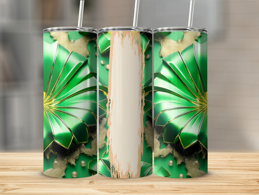 Three green tumblers with gold accents and a distressed vertical panel.