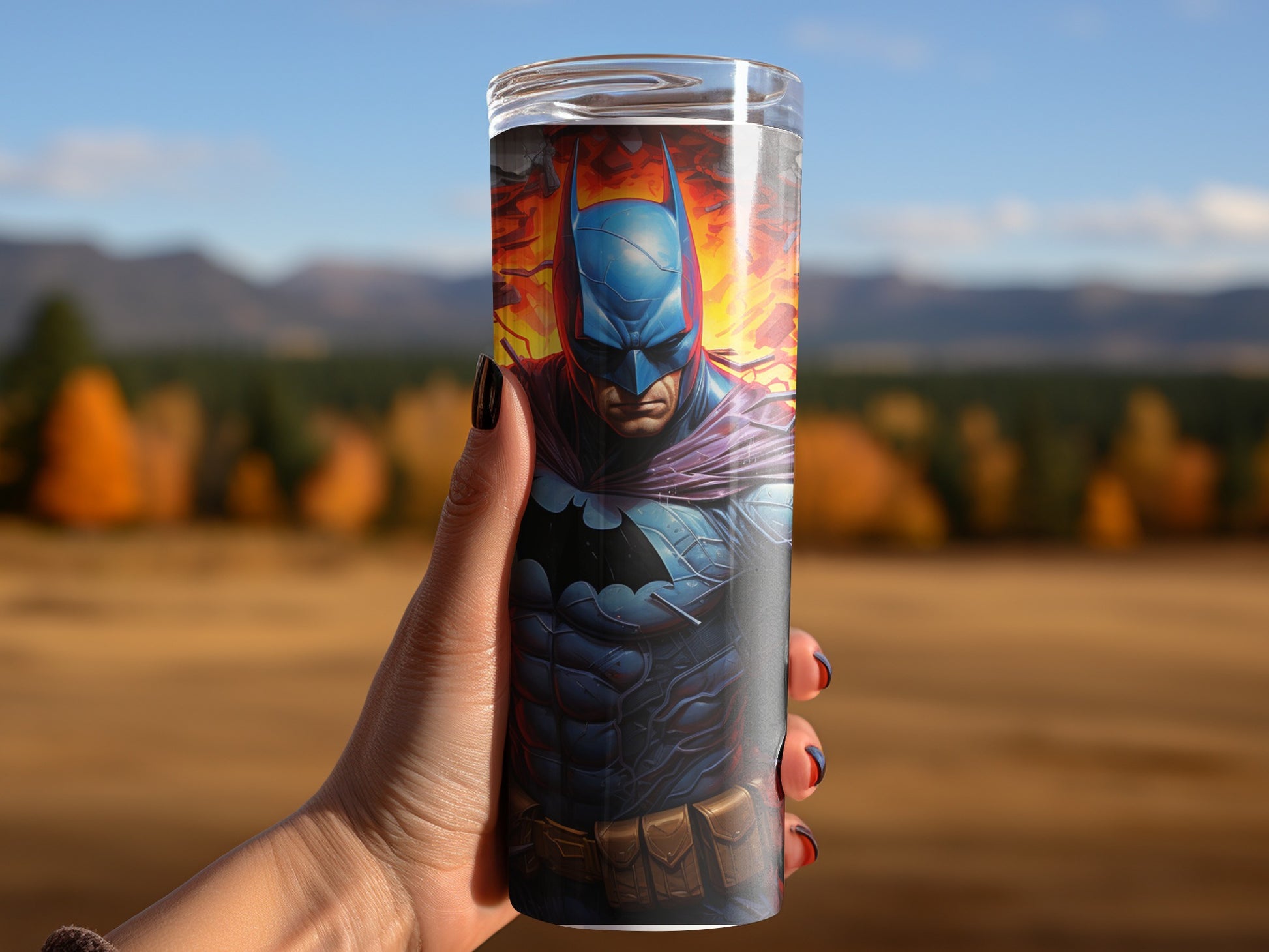 Batman Superhero Tumbler with Fall Scenic Background