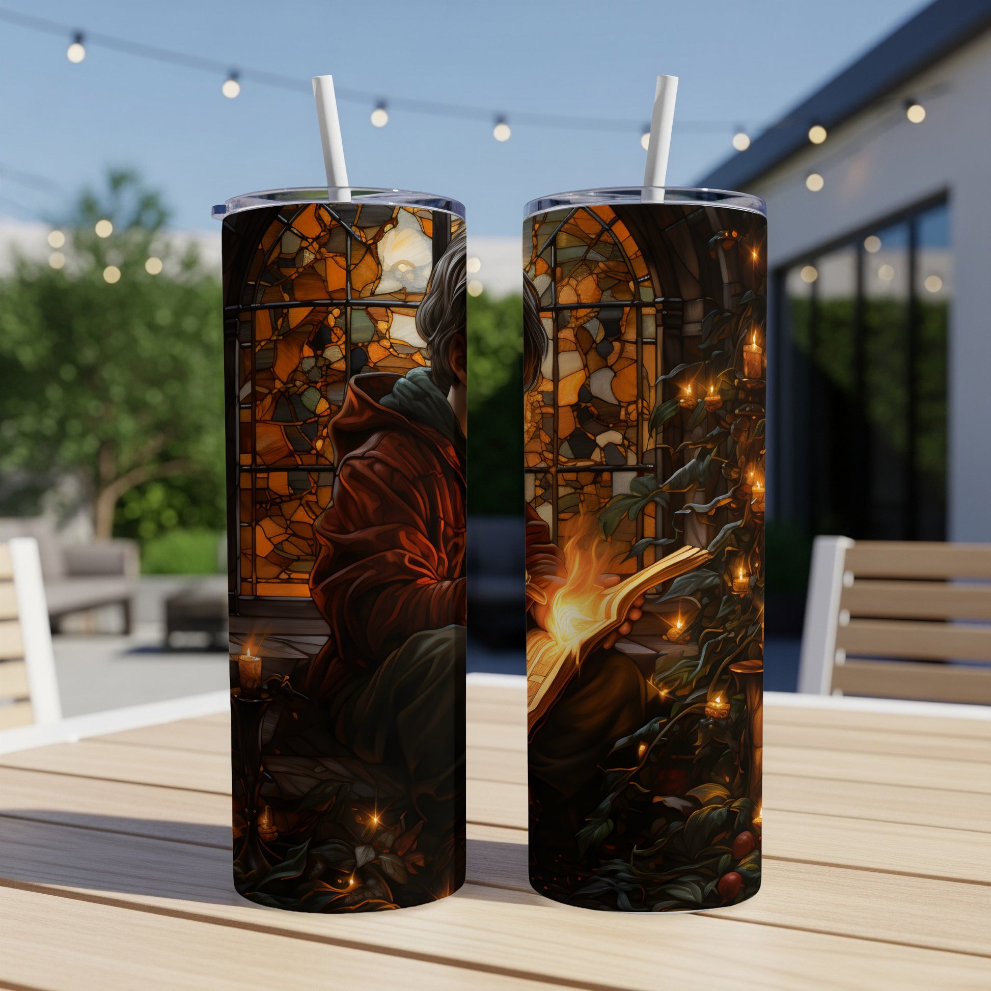 Fantasy art tumbler featuring a figure reading a glowing book by a stained-glass window.