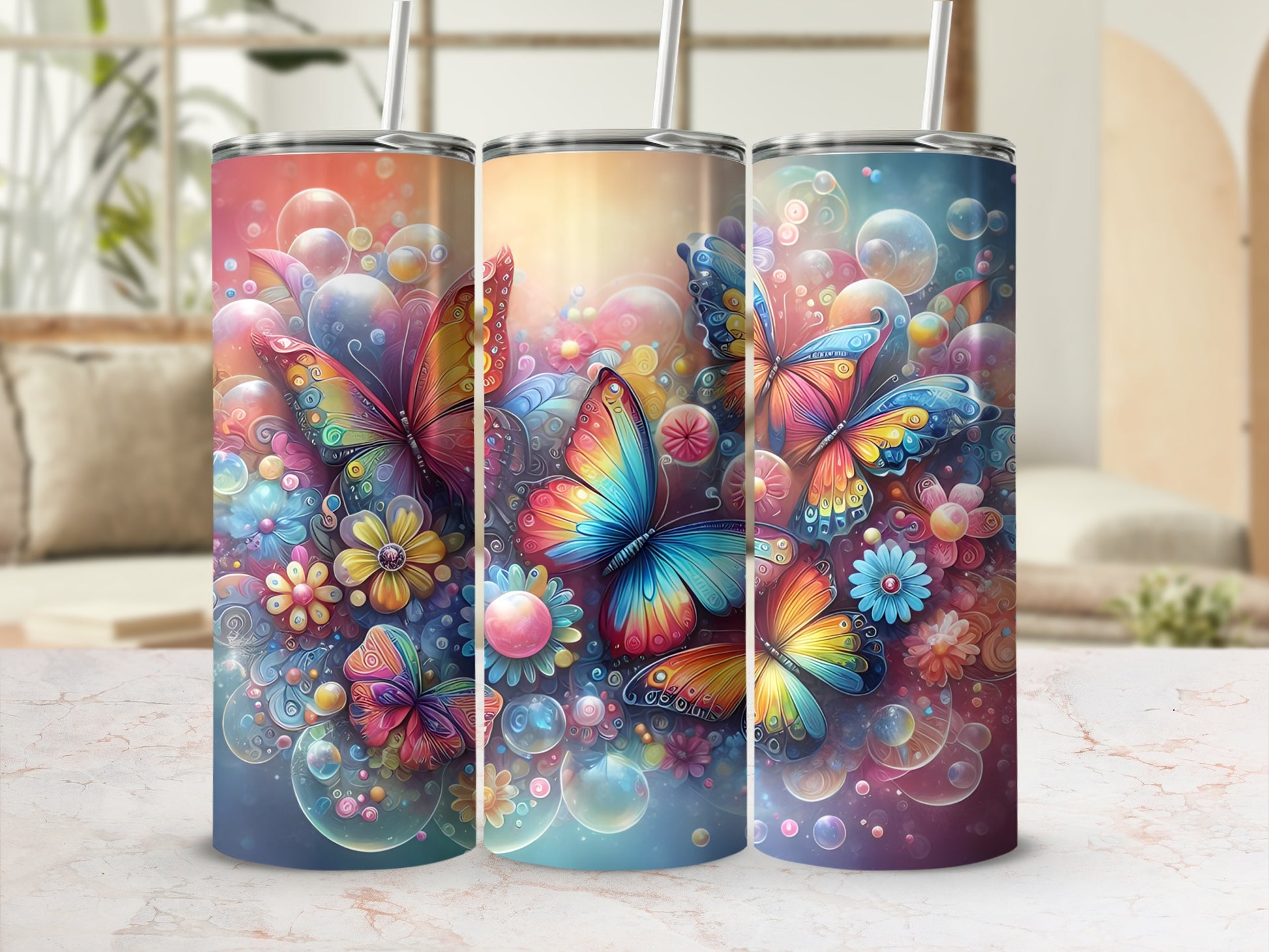 Three colorful tumblers with butterfly and floral designs.