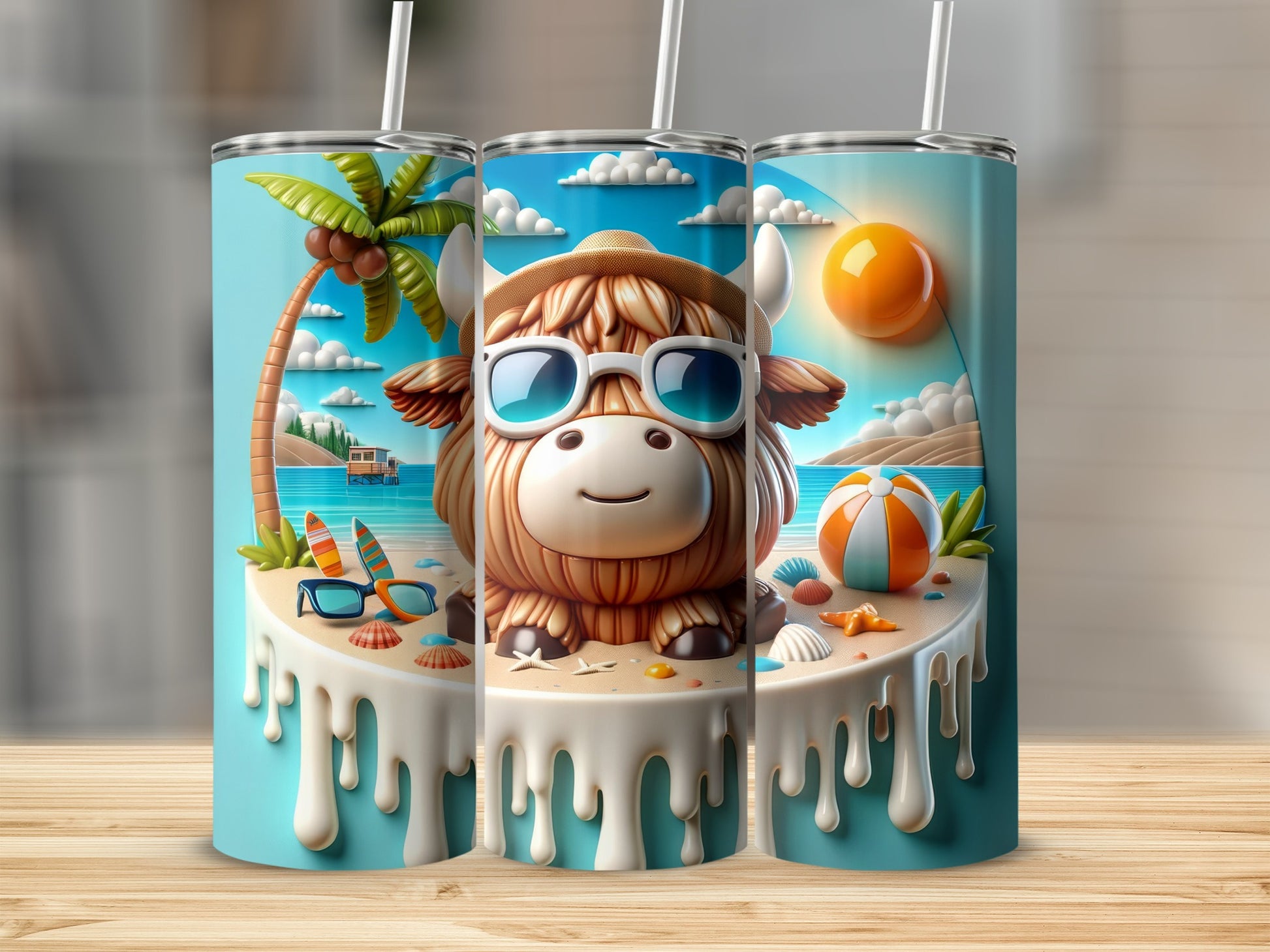 Cartoon Highland cow wearing sunglasses and hat on a beach.
