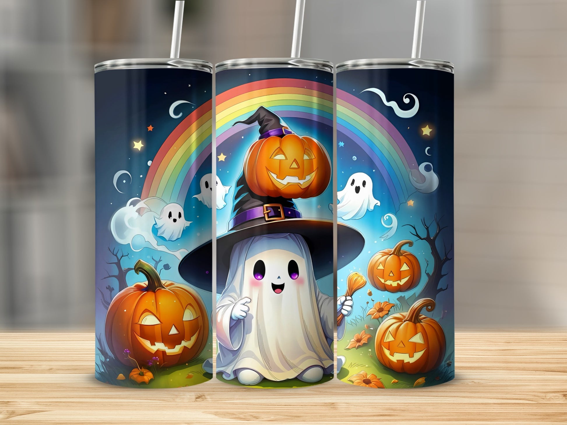 Halloween tumblers with cute ghost, pumpkins, and rainbow design.