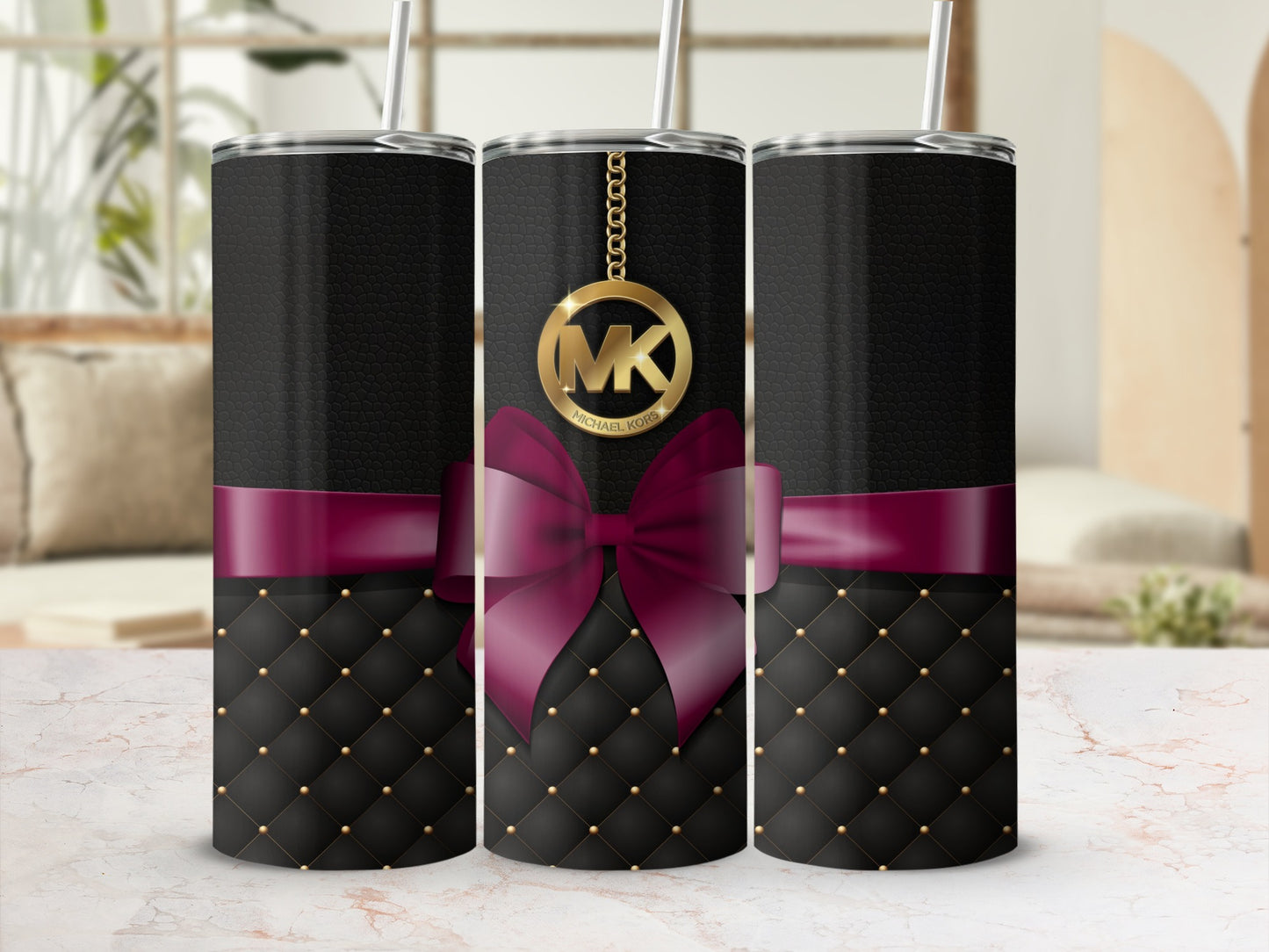 Elegant Black Tumbler with Gold Studs and Red Bow Design