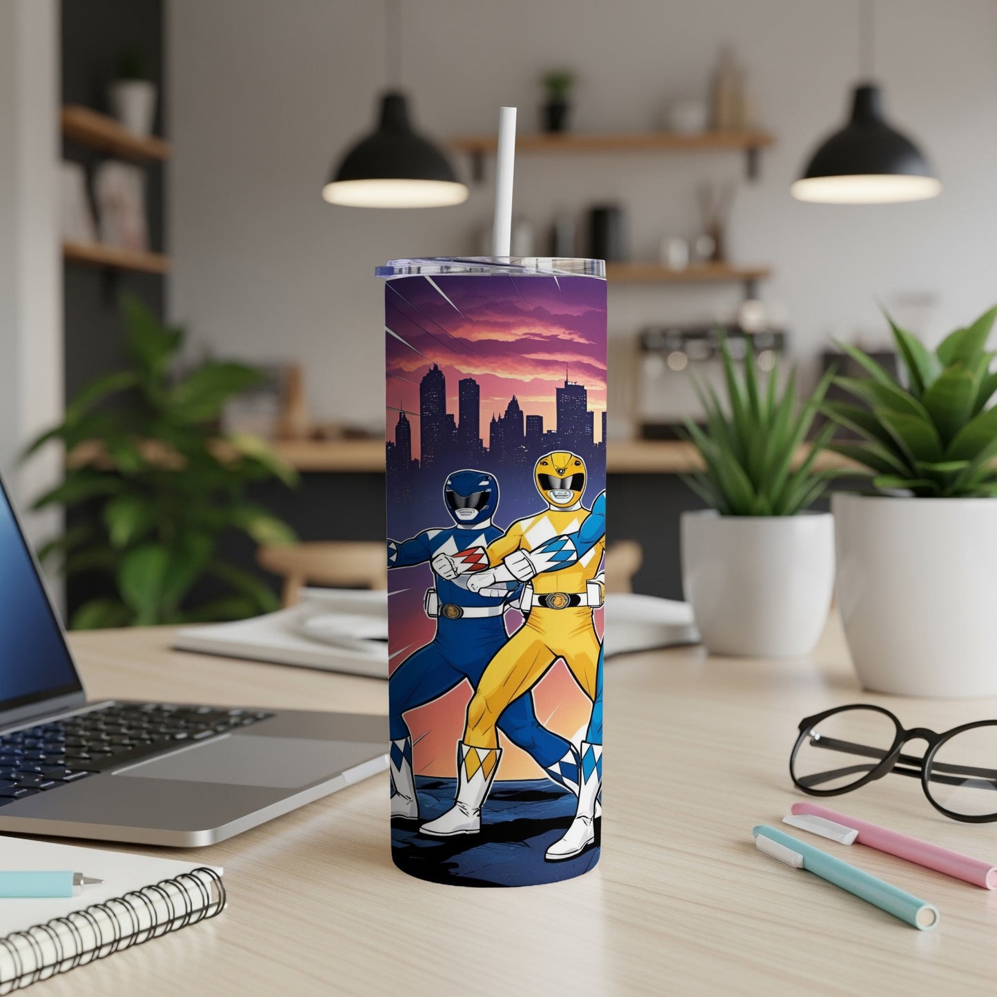Two Power Rangers, one in blue and one in yellow, stand against a city skyline.