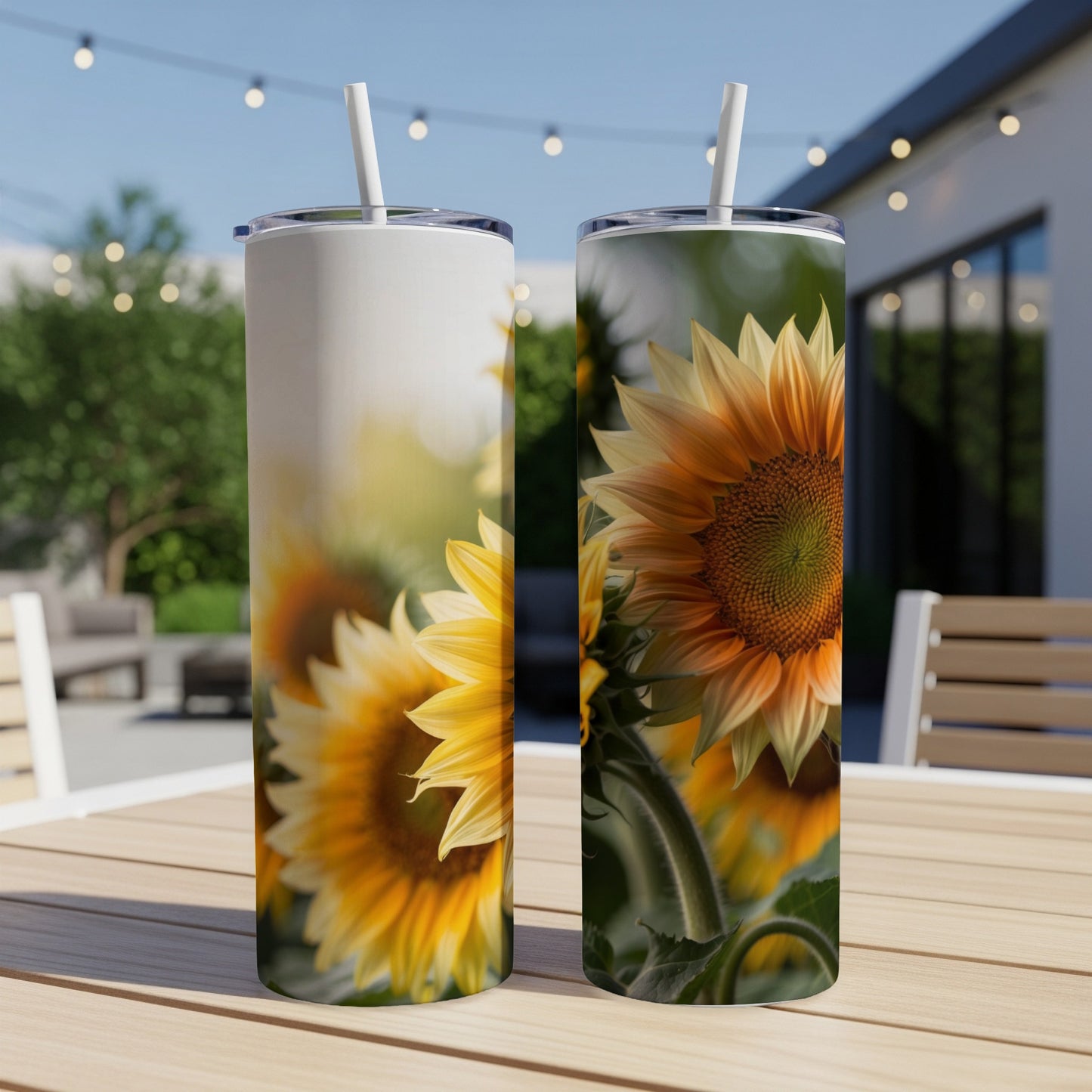 Two tumblers with sunflower designs on a table outdoors.